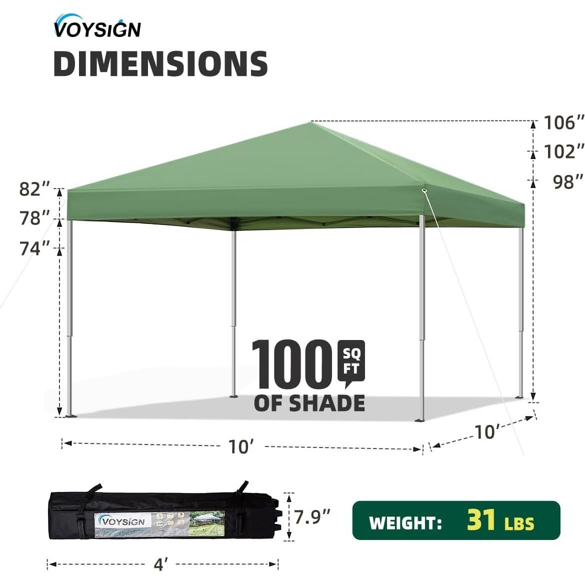 10x10 Pop Up Canopy Tent, Outdoor Instant Sun Shelter - Green, Included 1 x Rolling Storage Wheeled Bag, 4 x Guylines, 8 x Stakes
