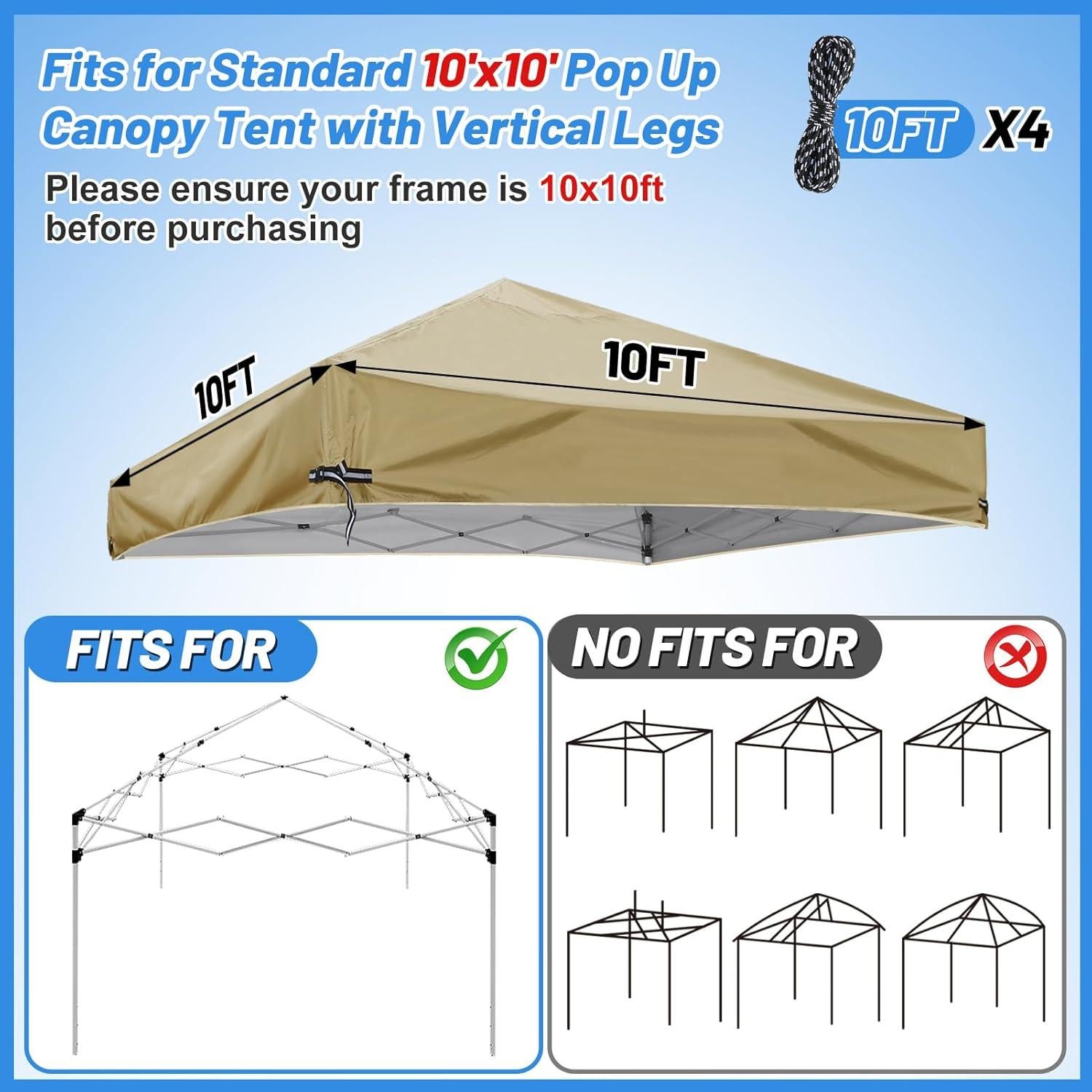 10x10 Adjustable Pop Up Canopy Replacement Top - Fits Most Straight Leg Frames Without Center Pole, NOT for Slant Leg, for Outdoor Garden Picnic Camping Sun Protective Shade, Khaki (Top Only)