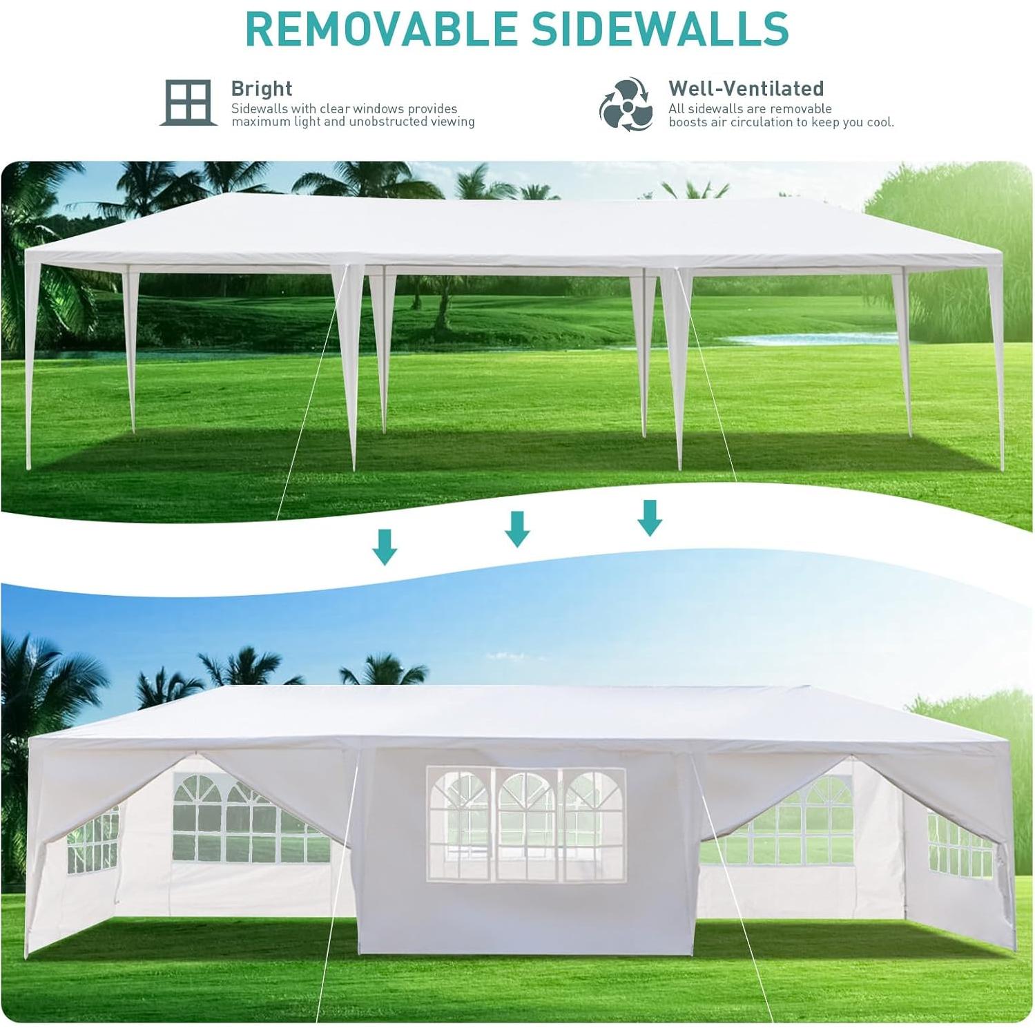 10x30 ft Party Tent, Outdoor Tents for Parties, Outside White Event Wedding Birthday Gazebo Tent with 8 Removable Sidewalls and Transparent Windows for Backyard, Patio, Garden