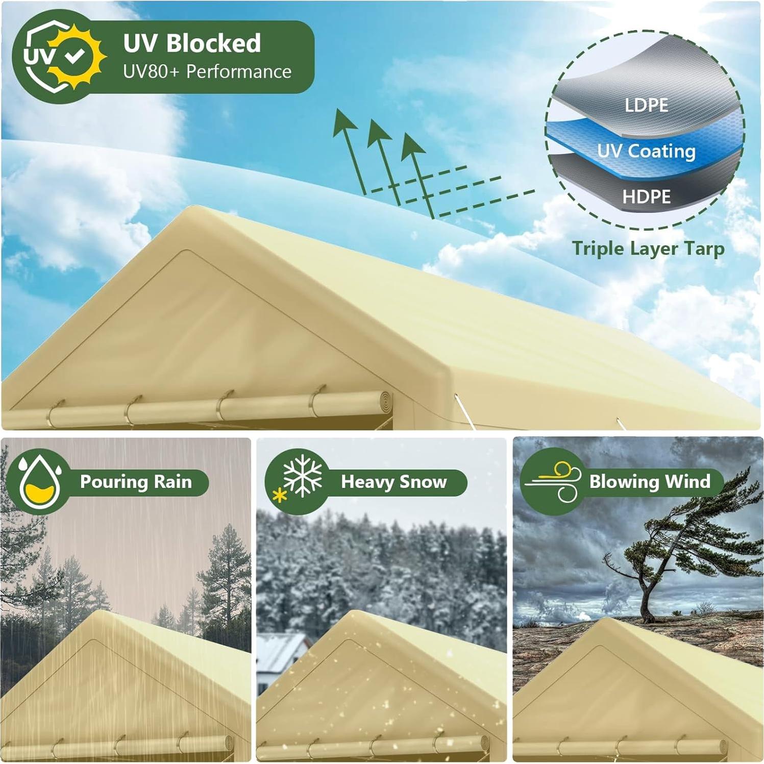 Generic Outdoor Carport 10x20ft Heavy Duty Canopy Storage Shed,Portable Garage Party Tent,Portable Garage with Removable Sidewalls (Beige), Gray