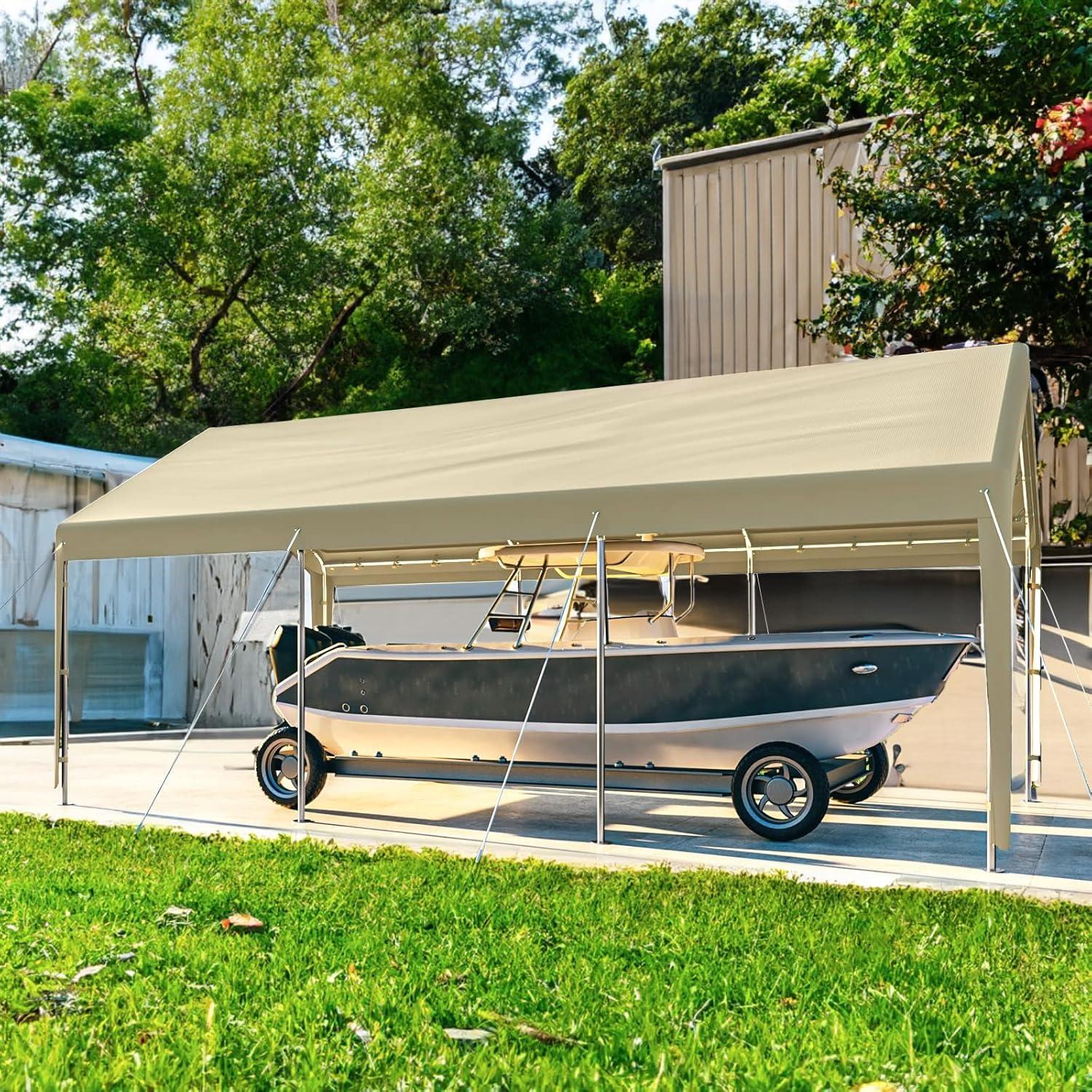Generic Outdoor Carport 10x20ft Heavy Duty Canopy Storage Shed,Portable Garage Party Tent,Portable Garage with Removable Sidewalls (Beige), Gray