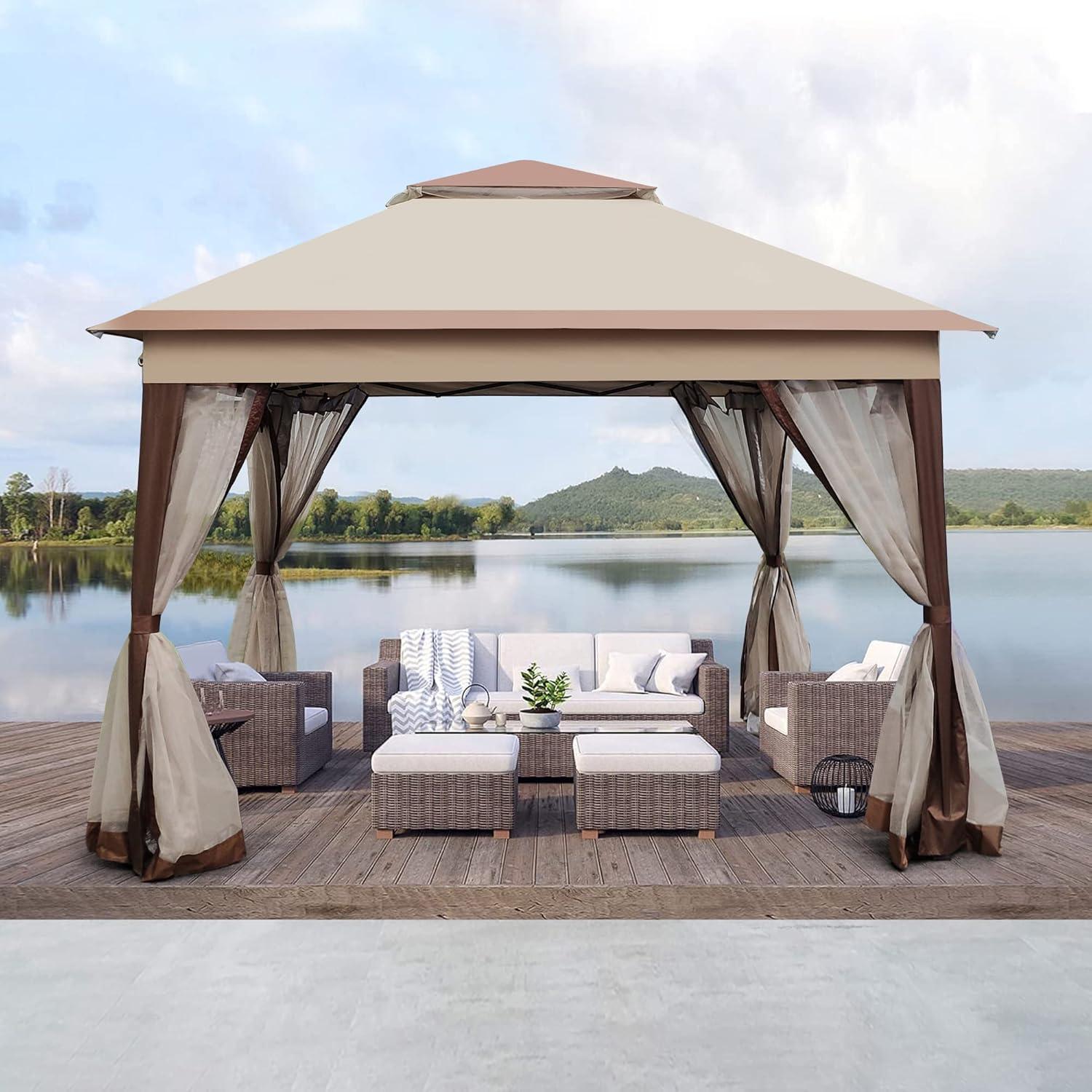 Gazebo Plegable 3.3x3.3m SPOFLYINN con Techo Doble y Malla