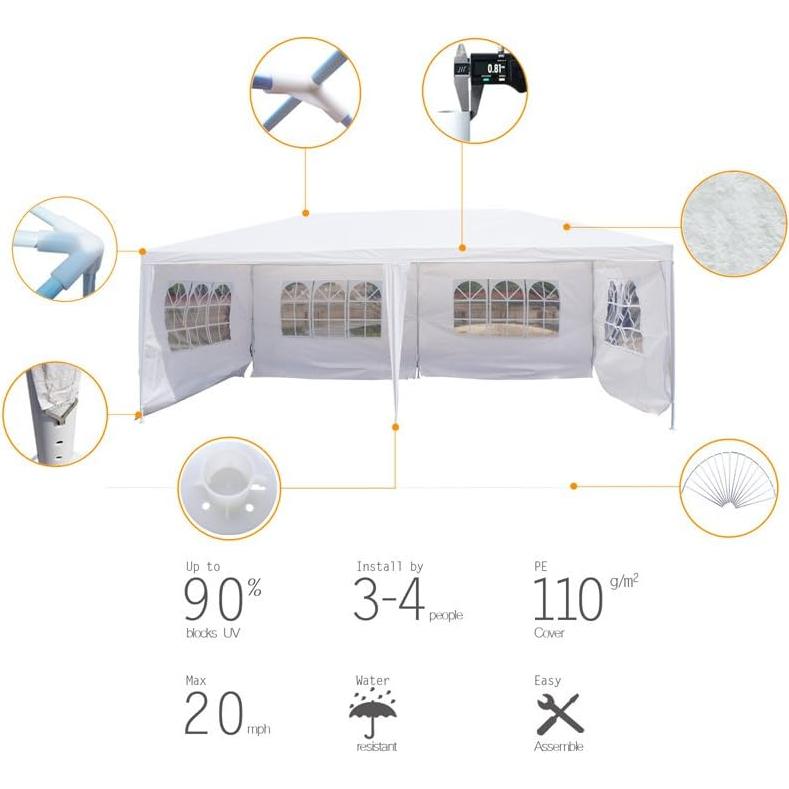 Carpa de Boda GOJOOASIS 3.05x6.1m Impermeable Blanca 4 Paredes