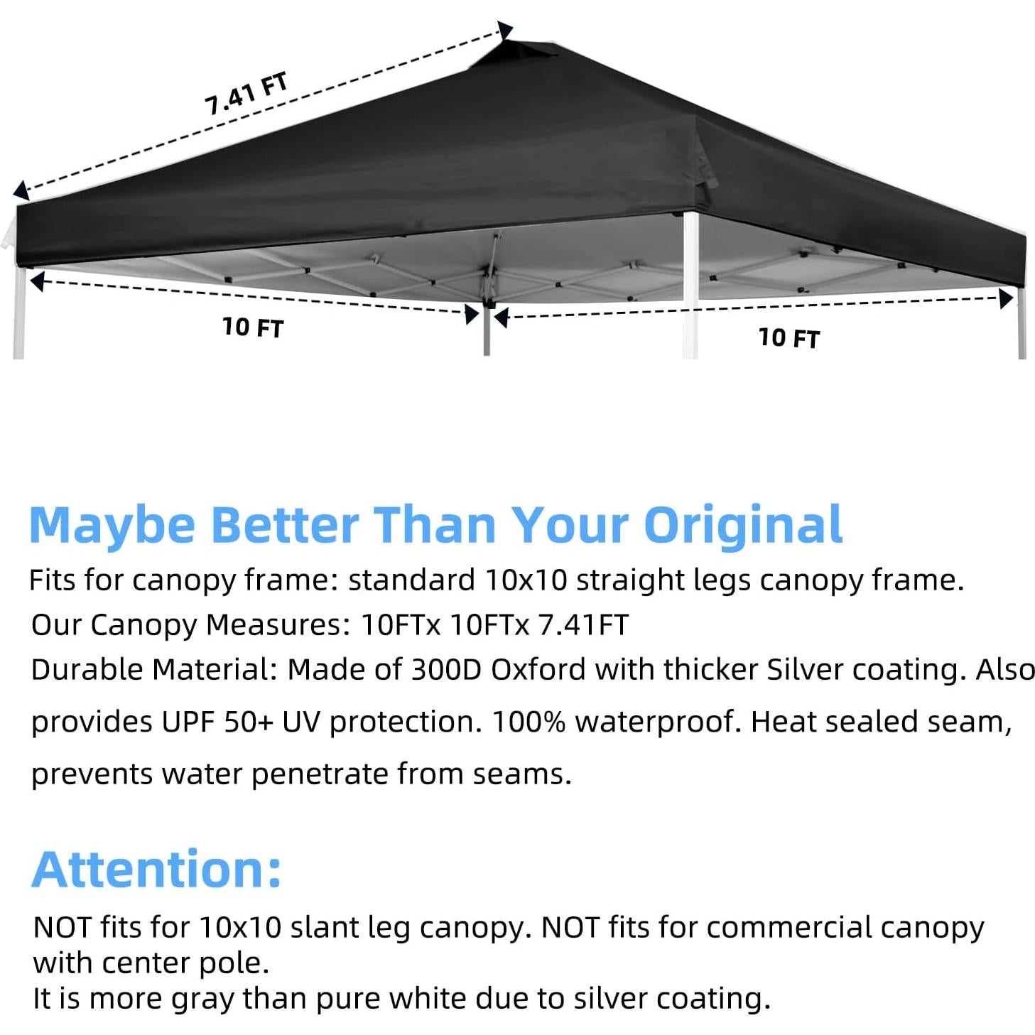 10x10 Canopy Replacement Top for Straight Leg, Pop-up Canopy Tent Replacement Cover, Waterproof Instant Canopy Top Cover with Rope for Garden, Picnic, Camping(Black)