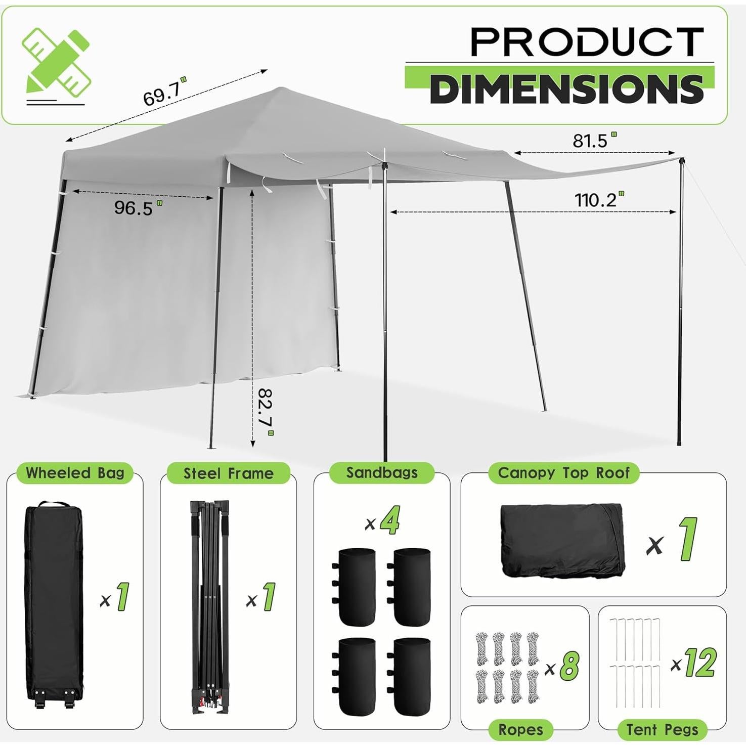 Oakmont 8×8ft Pop-up Outdoor Canopy Tent with 1 Wheeled Bag, Patio Shade Canopy with 2 Expandable Sidewalls for Parties, Beach, and Camping, Bonus 12 Ground Stakes, 4 Sandbags and 8 Ropes (Grey)