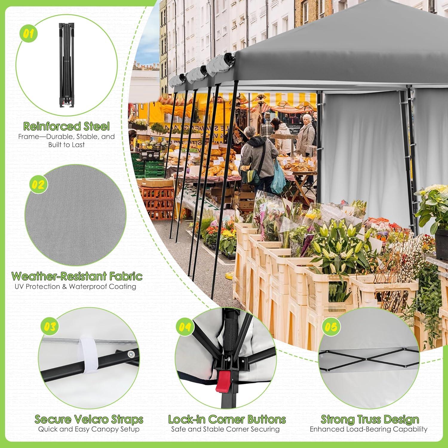 Oakmont 8×8ft Pop-up Outdoor Canopy Tent with 1 Wheeled Bag, Patio Shade Canopy with 2 Expandable Sidewalls for Parties, Beach, and Camping, Bonus 12 Ground Stakes, 4 Sandbags and 8 Ropes (Grey)