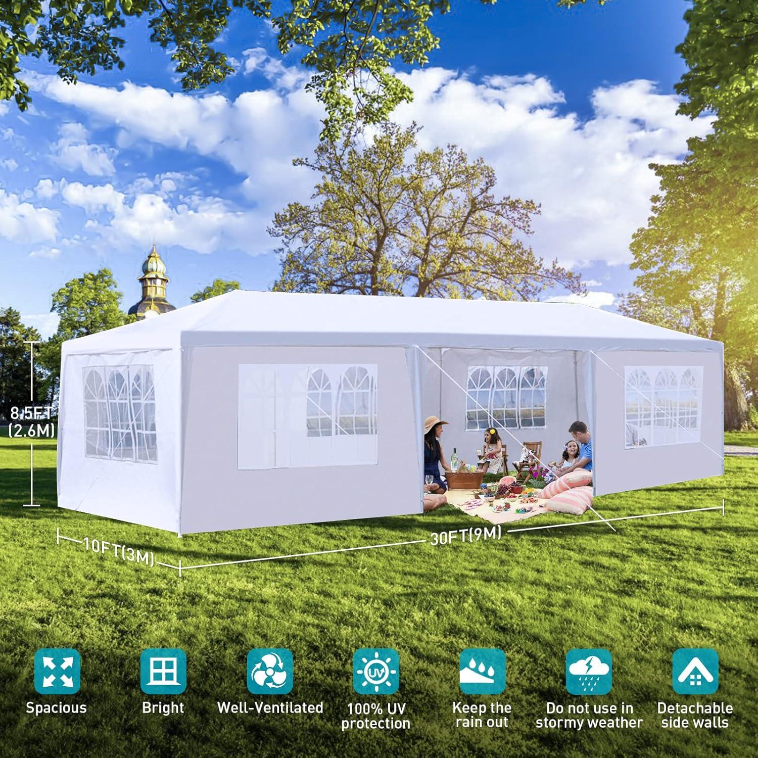10'x30' Party Tent, Outdoor Tents for Parties, Wedding, Large Canopy Tents with 7 Sidewalls, Outside Event Tent with Transparent Windows for Birthday, Garden, Backyard (White)