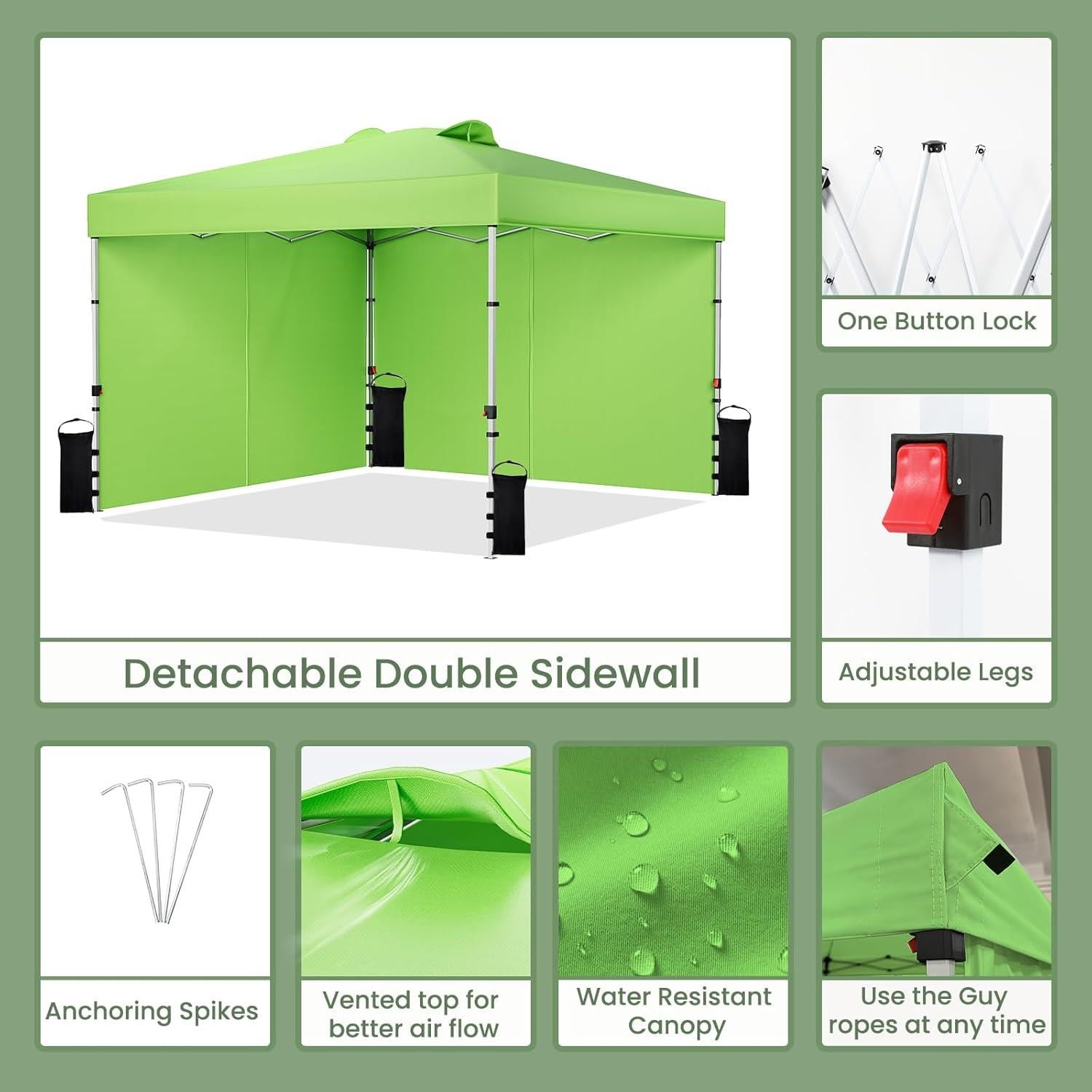 Carpa Plegable GVDV 3x3m con 2 Paredes Laterales Verde