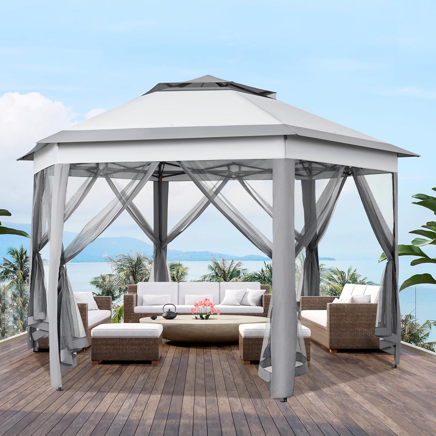 Gazebo Plegable Yaheetech 3x3m Hexagonal con Malla y Techo Doble