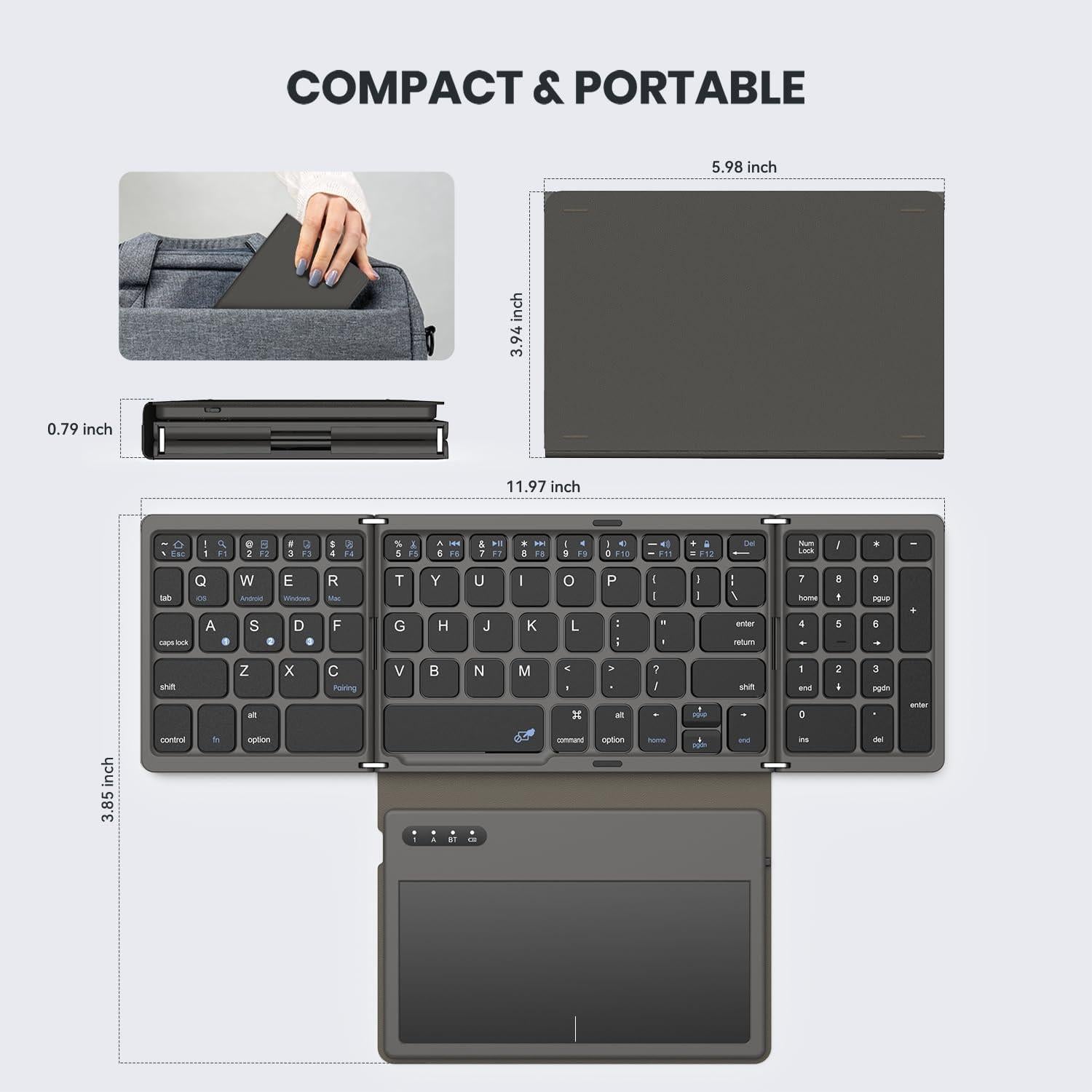 Teclado Bluetooth Plegable GEODMAER con Panel Táctil Gris