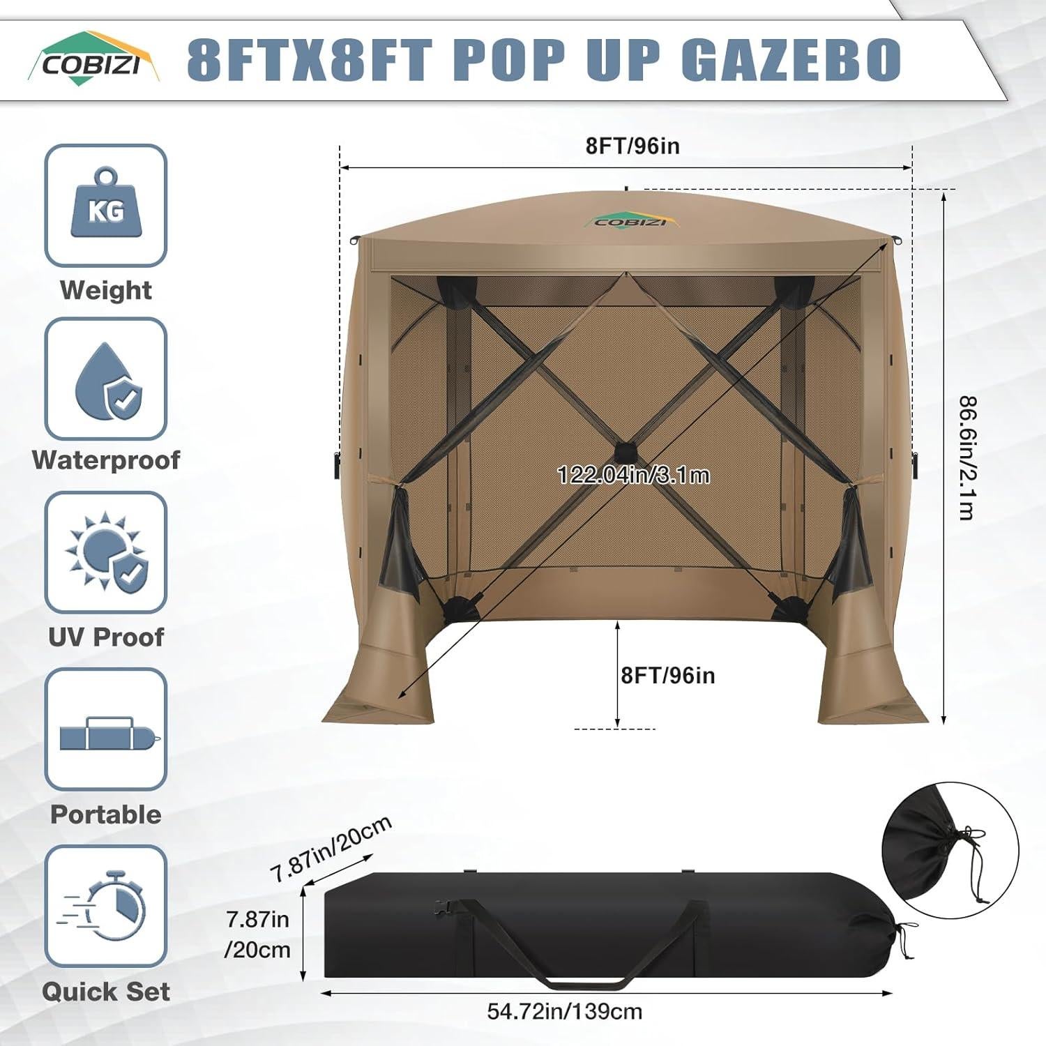 Carpa Plegable COBIZI 2.44m x 2.44m con Paredes y Red Antimosquitos