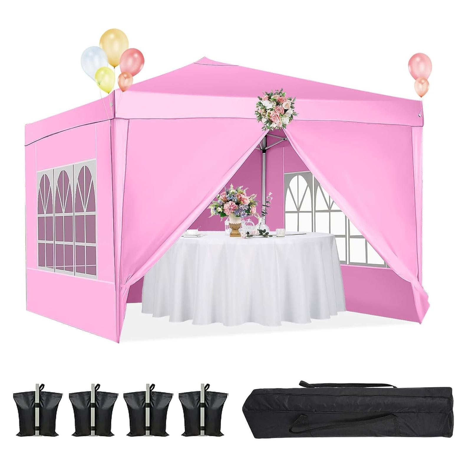 10'x10' Pop Up Canopy Tent with 4 Sidewalls, Heavy Duty Commercial Instant Sun Shelter with 4 Sandbags, 8 Stakes and Carry Bag, Outdoor Portable Easy Up Canopy for Garden, Beach, Waterproof (Pink)