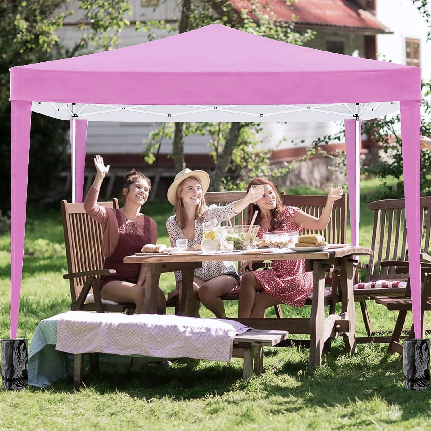 10'x10' Pop Up Canopy Tent with 4 Sidewalls, Heavy Duty Commercial Instant Sun Shelter with 4 Sandbags, 8 Stakes and Carry Bag, Outdoor Portable Easy Up Canopy for Garden, Beach, Waterproof (Pink)