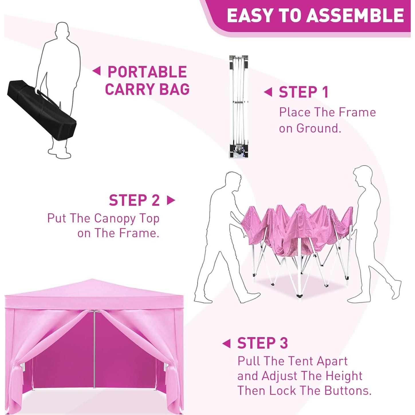 10'x10' Pop Up Canopy Tent with 4 Sidewalls, Heavy Duty Commercial Instant Sun Shelter with 4 Sandbags, 8 Stakes and Carry Bag, Outdoor Portable Easy Up Canopy for Garden, Beach, Waterproof (Pink)