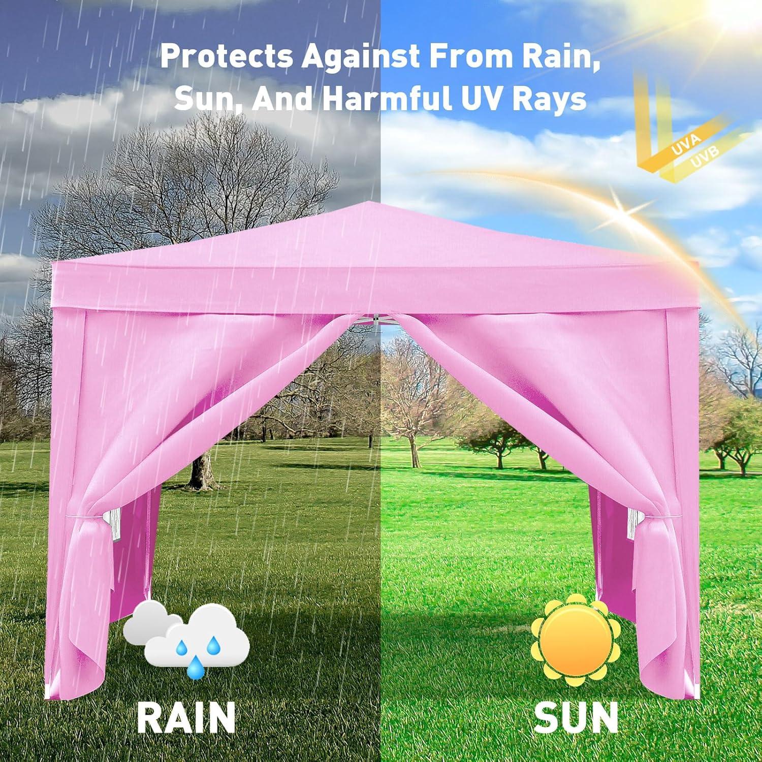 10'x10' Pop Up Canopy Tent with 4 Sidewalls, Heavy Duty Commercial Instant Sun Shelter with 4 Sandbags, 8 Stakes and Carry Bag, Outdoor Portable Easy Up Canopy for Garden, Beach, Waterproof (Pink)