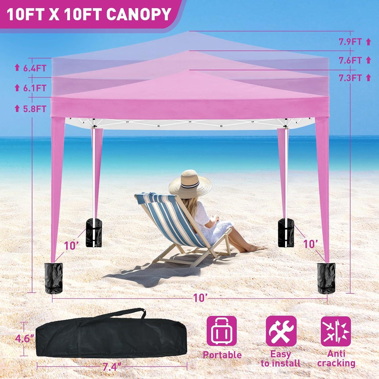 10'x10' Pop Up Canopy Tent with 4 Sidewalls, Heavy Duty Commercial Instant Sun Shelter with 4 Sandbags, 8 Stakes and Carry Bag, Outdoor Portable Easy Up Canopy for Garden, Beach, Waterproof (Pink)