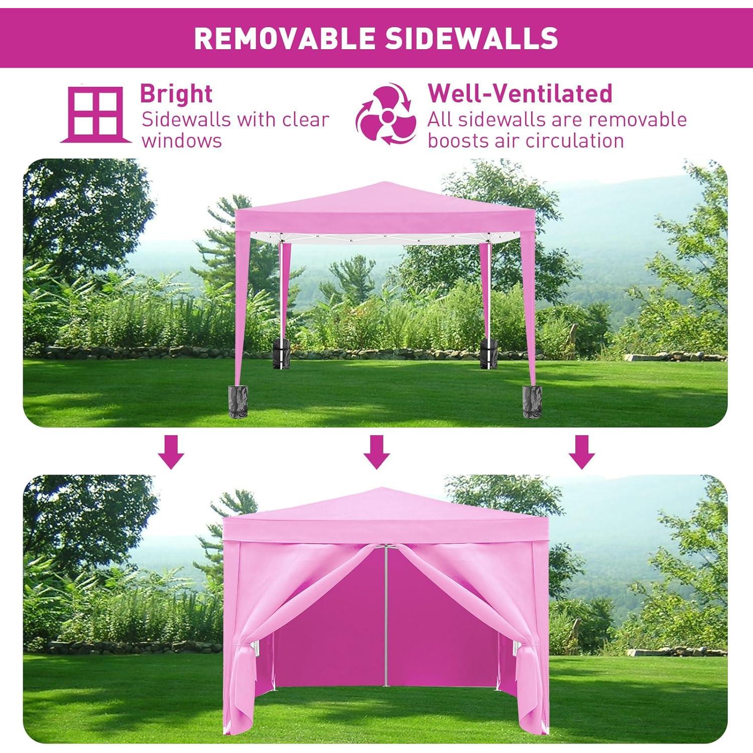 10'x10' Pop Up Canopy Tent with 4 Sidewalls, Heavy Duty Commercial Instant Sun Shelter with 4 Sandbags, 8 Stakes and Carry Bag, Outdoor Portable Easy Up Canopy for Garden, Beach, Waterproof (Pink)