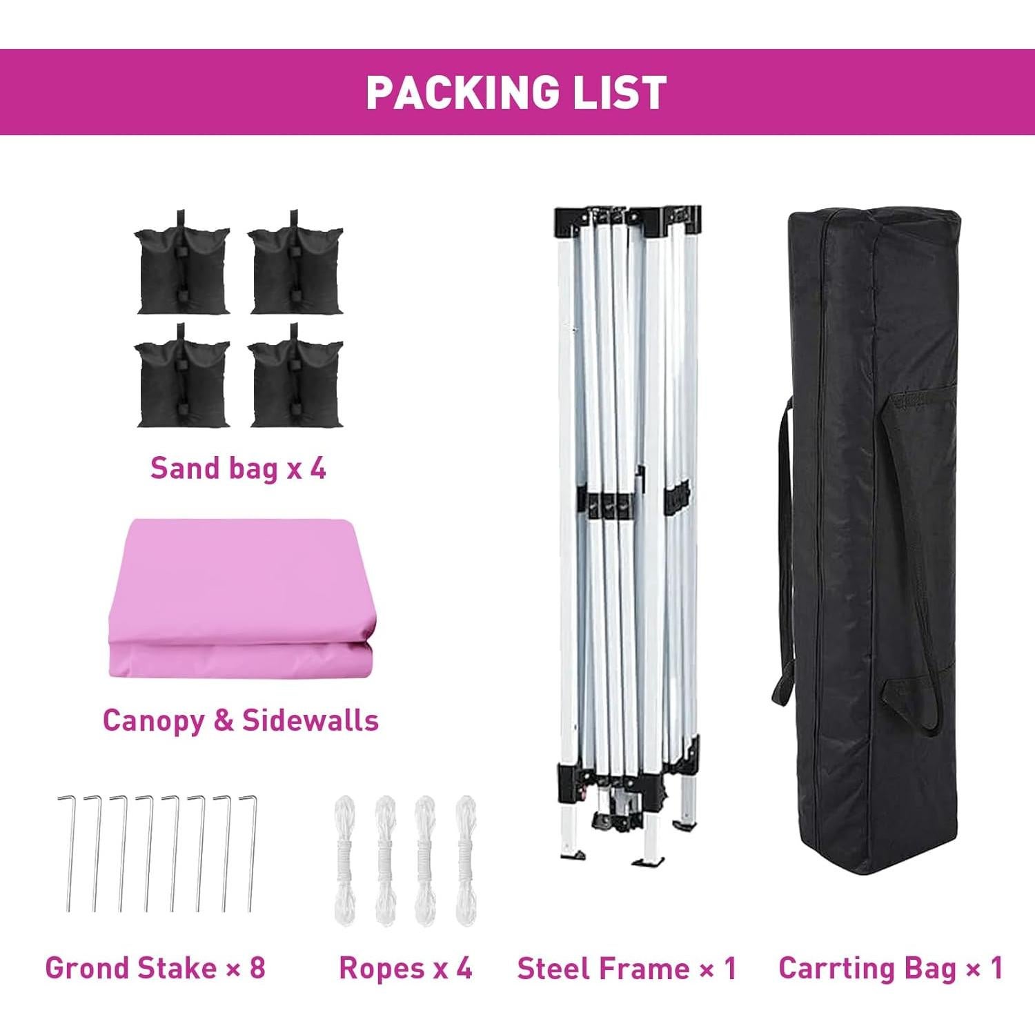 10'x10' Pop Up Canopy Tent with 4 Sidewalls, Heavy Duty Commercial Instant Sun Shelter with 4 Sandbags, 8 Stakes and Carry Bag, Outdoor Portable Easy Up Canopy for Garden, Beach, Waterproof (Pink)