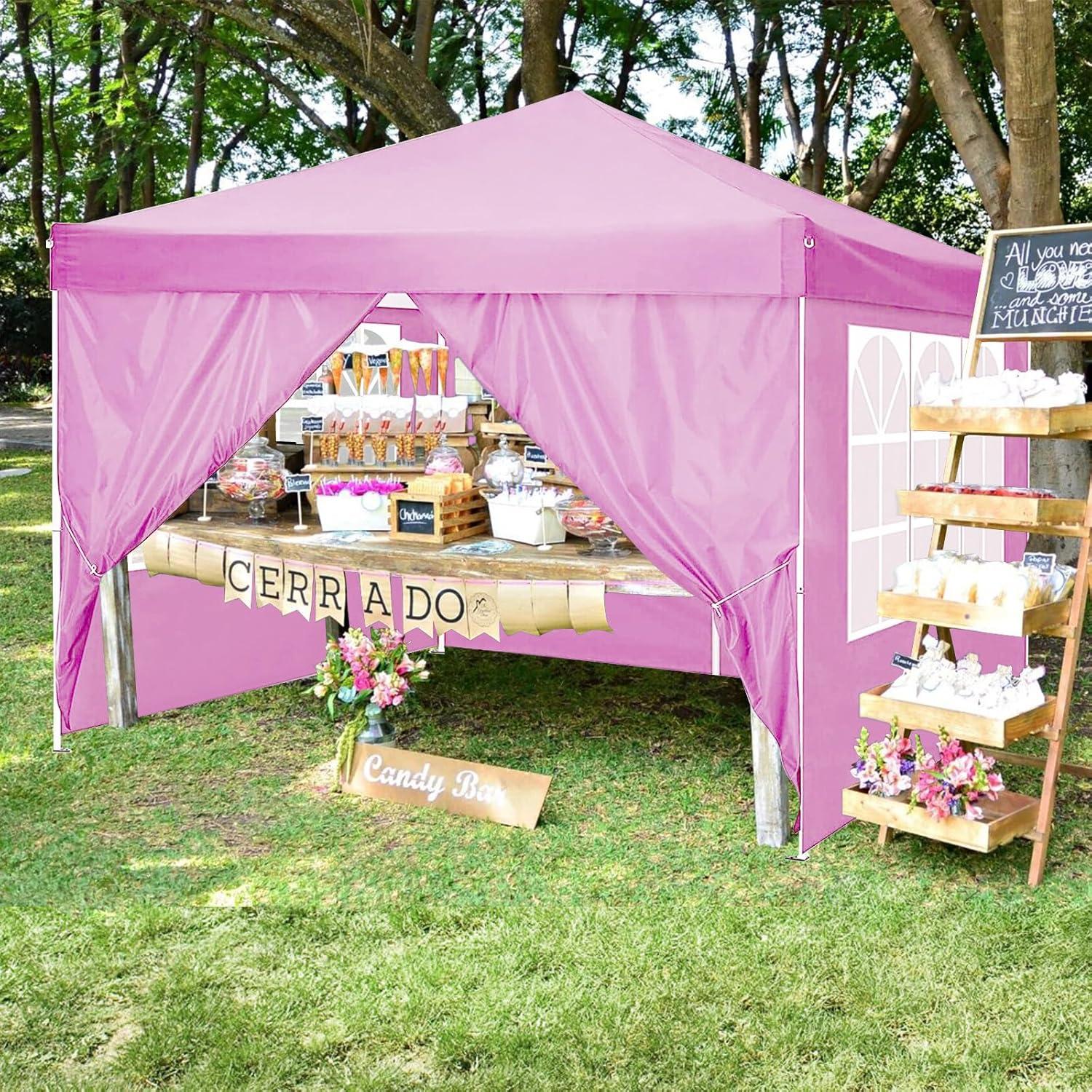 10'x10' Pop Up Canopy Tent with 4 Sidewalls, Heavy Duty Commercial Instant Sun Shelter with 4 Sandbags, 8 Stakes and Carry Bag, Outdoor Portable Easy Up Canopy for Garden, Beach, Waterproof (Pink)