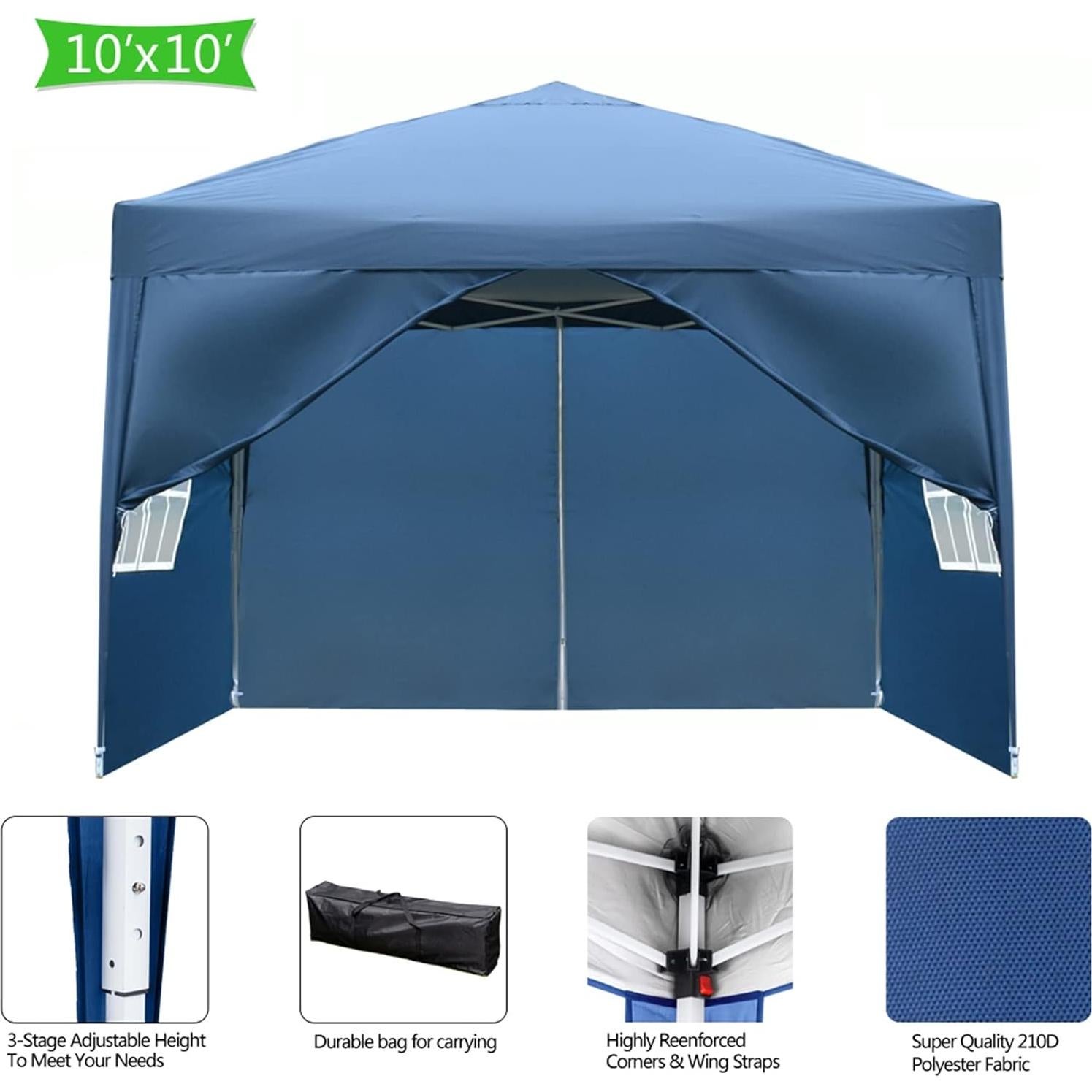 10x10ft Patio Event Tent, Pop Up Canopy Outdoor Gazebo, Folding Tent from Premium Oxford Material Easy to Install Space-Saving Design Sun and Rain Protection 77" Height for Camping Blue, w/Sidewalls