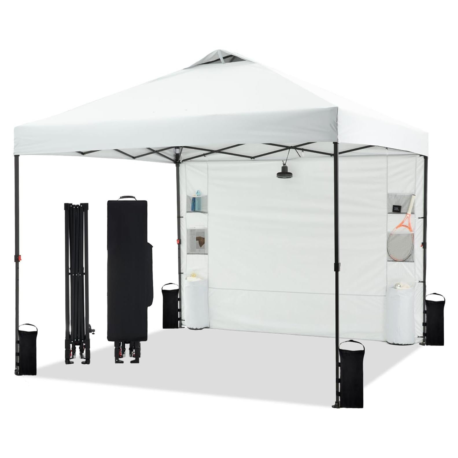 10'x10' Pop Up Canopy Tent with 1 Sidewall and 6 Pockets, One Push Setup, Instant Shade Tent with Vented Roof for Beach Patio Outdoor, Case, 8 Stakes, 4 Ropes, 4 Sandbags (White)