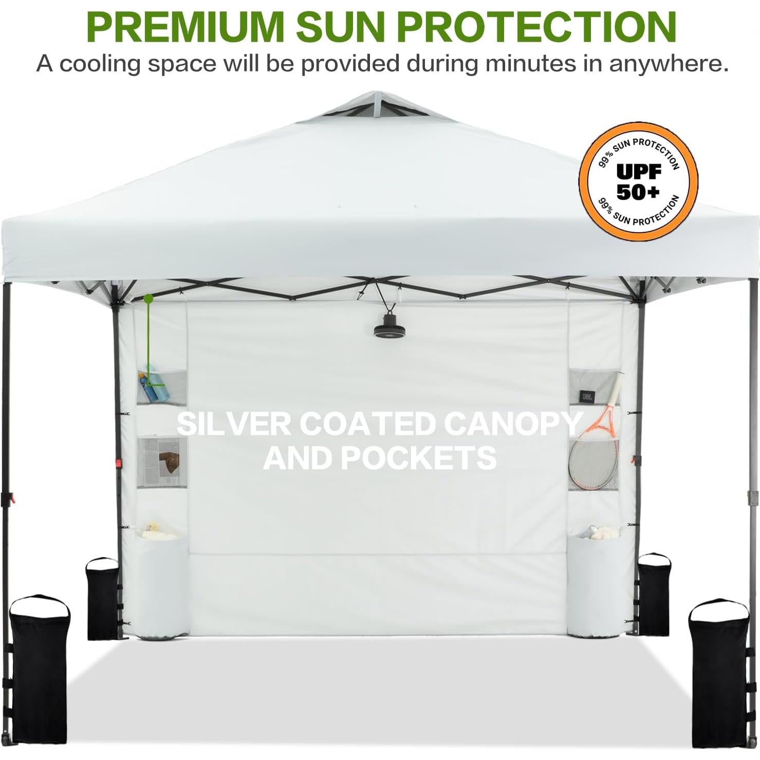 10'x10' Pop Up Canopy Tent with 1 Sidewall and 6 Pockets, One Push Setup, Instant Shade Tent with Vented Roof for Beach Patio Outdoor, Case, 8 Stakes, 4 Ropes, 4 Sandbags (White)