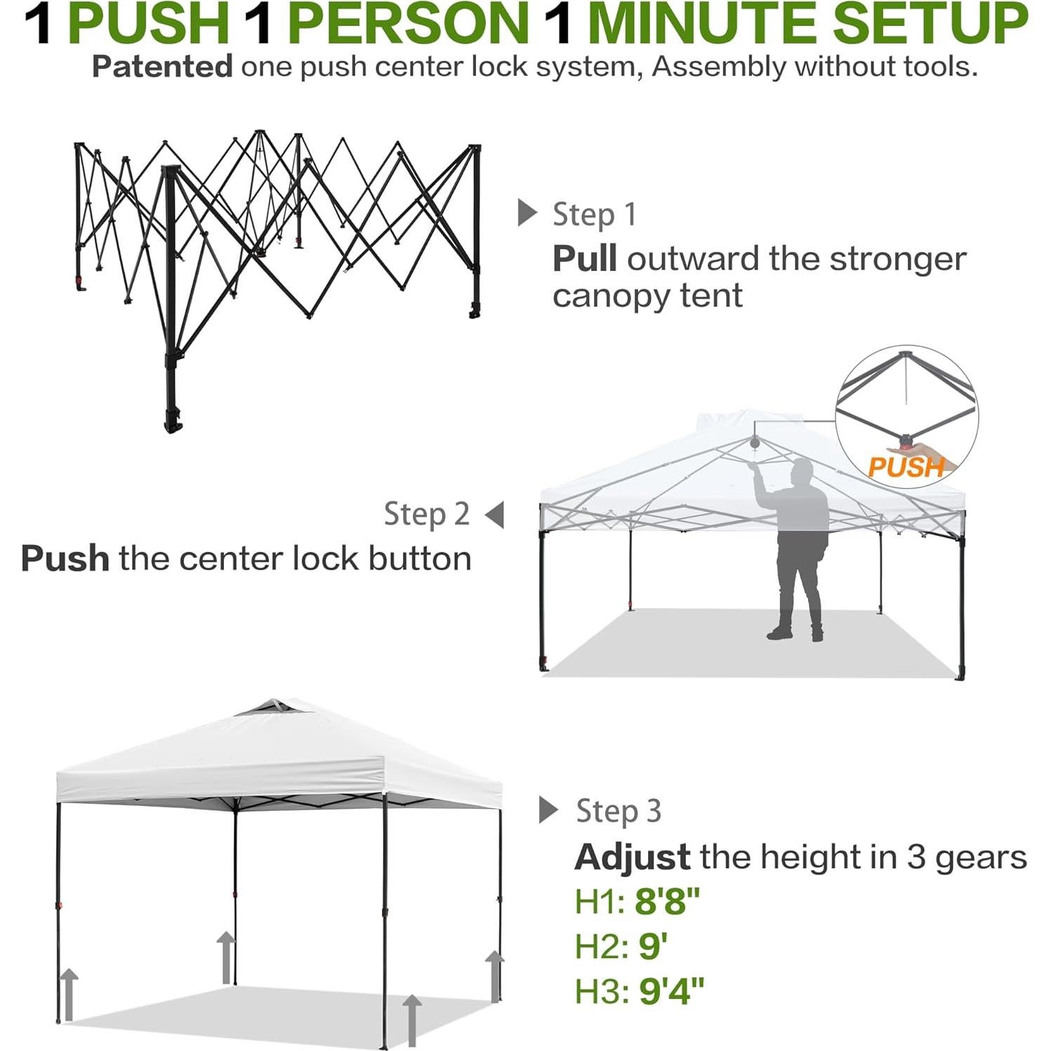 10'x10' Pop Up Canopy Tent with 1 Sidewall and 6 Pockets, One Push Setup, Instant Shade Tent with Vented Roof for Beach Patio Outdoor, Case, 8 Stakes, 4 Ropes, 4 Sandbags (White)