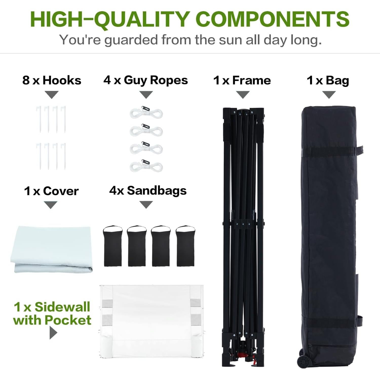 10'x10' Pop Up Canopy Tent with 1 Sidewall and 6 Pockets, One Push Setup, Instant Shade Tent with Vented Roof for Beach Patio Outdoor, Case, 8 Stakes, 4 Ropes, 4 Sandbags (White)