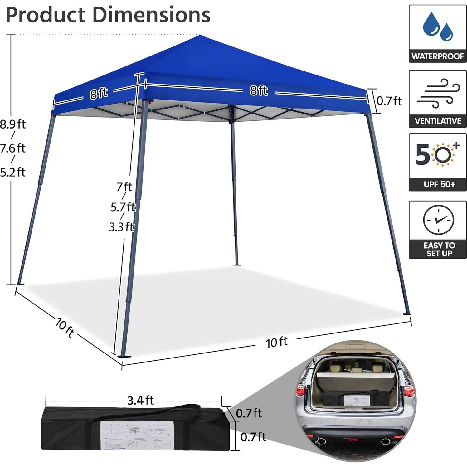 Yaheetech Instant Canopy Tent, 10x10 Slant Leg Easy Outdoor Pop up Canopy, Folding Portable Gazebo Instant Shelter Tent with Backpack for Garden/Camping/Party, 10x10 Base 8x8 Top, Blue