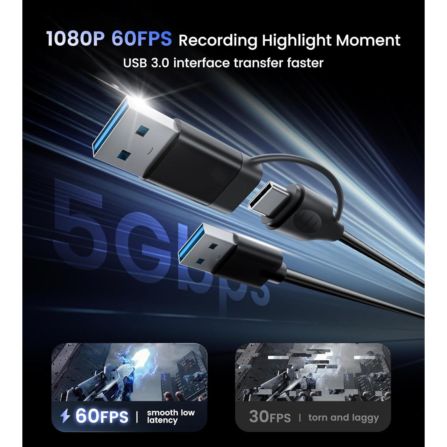 4K Capture Card for Streaming, HDMI to USB 3.0/Type-C Audio Video Capture Card Device 1080P 60FPS Recording with Low Latency, Works for Nintendo Switch/PS5/PS4/Xbox/Camera/PC, External TV Tuners