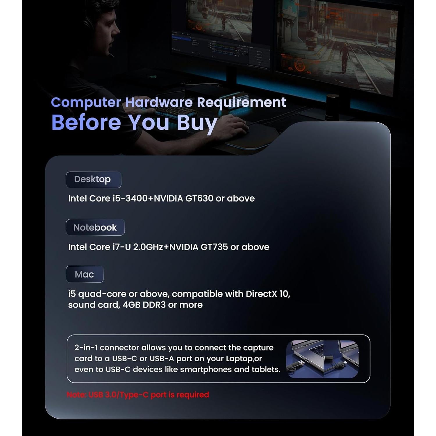 4K Capture Card for Streaming, HDMI to USB 3.0/Type-C Audio Video Capture Card Device 1080P 60FPS Recording with Low Latency, Works for Nintendo Switch/PS5/PS4/Xbox/Camera/PC, External TV Tuners