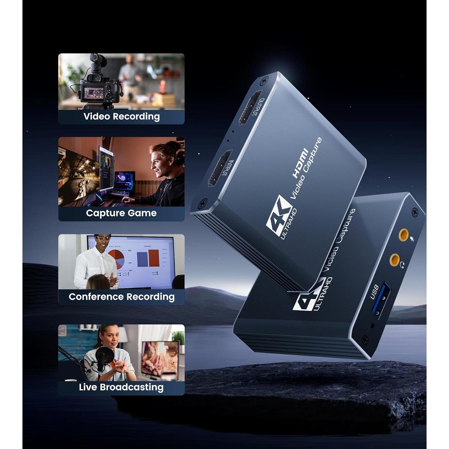 4K Capture Card for Streaming, HDMI to USB 3.0/Type-C Audio Video Capture Card Device 1080P 60FPS Recording with Low Latency, Works for Nintendo Switch/PS5/PS4/Xbox/Camera/PC, External TV Tuners