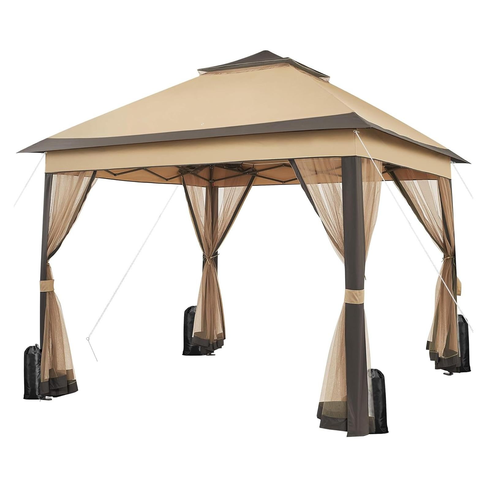 Topeakmart 11x11 Outdoor Pop Up Gazebo Double Roof Garden Patio Canopy with Netting, Sandbags, Sun Shade for for Parties, Khaki & Brown
