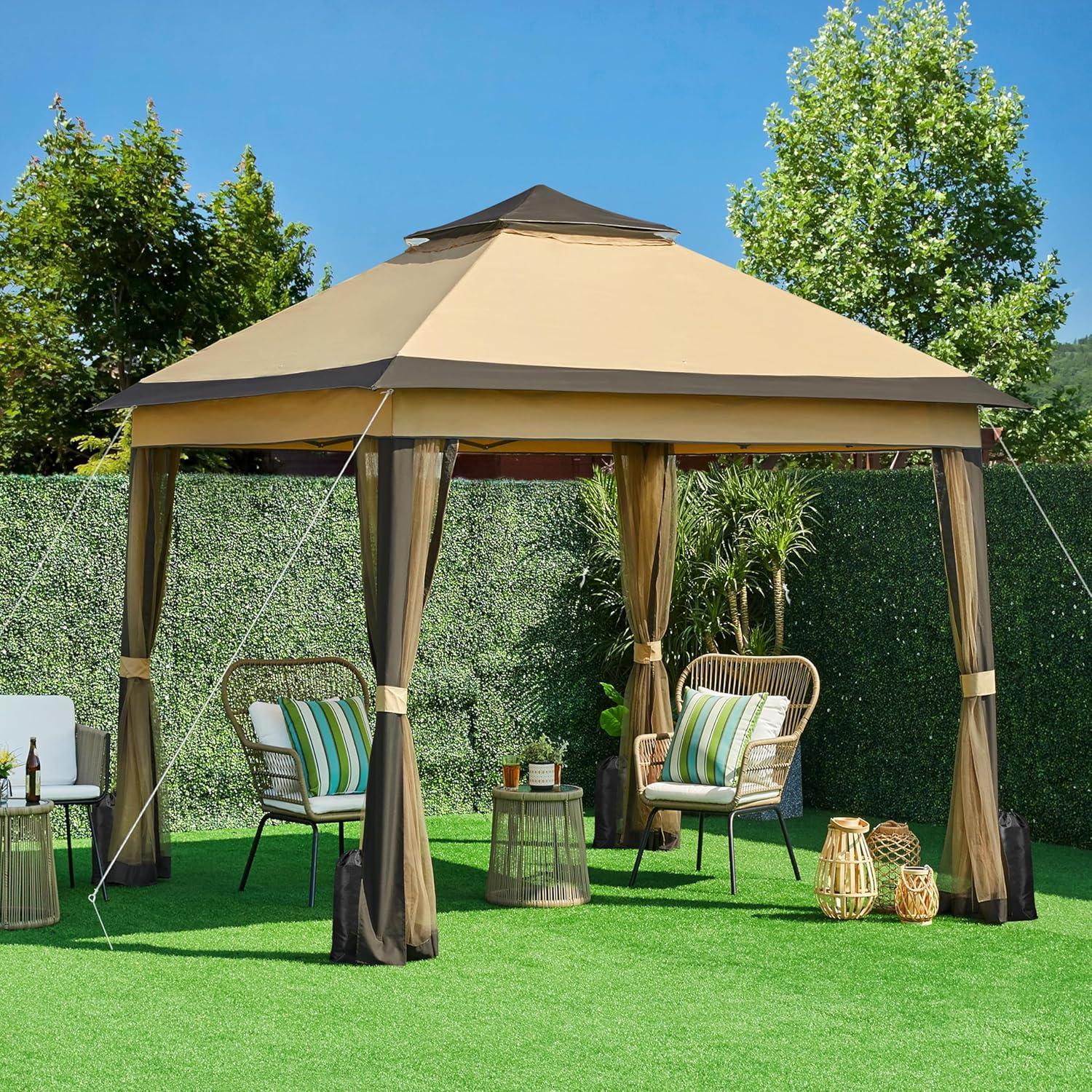 Topeakmart 11x11 Outdoor Pop Up Gazebo Double Roof Garden Patio Canopy with Netting, Sandbags, Sun Shade for for Parties, Khaki & Brown