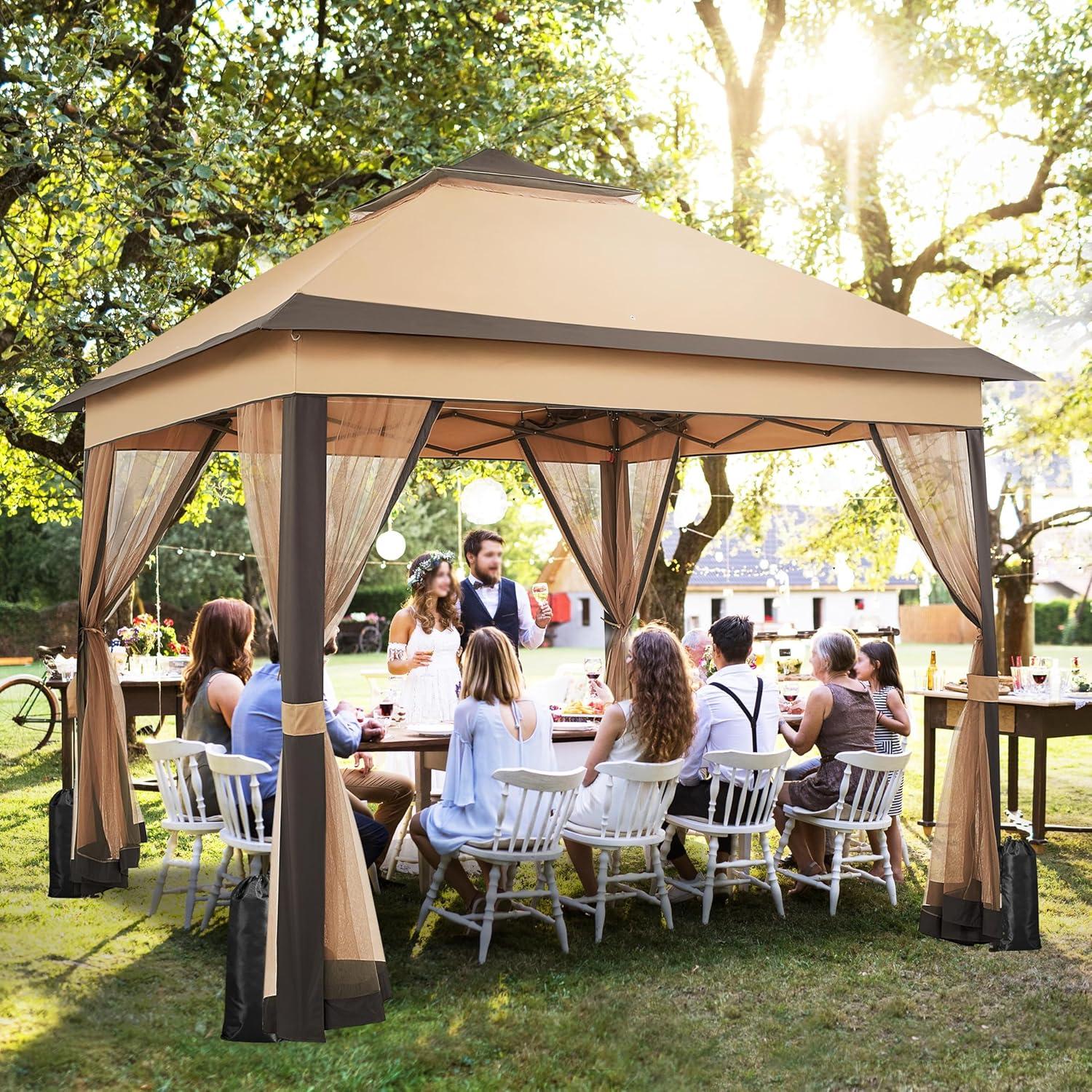 Topeakmart 11x11 Outdoor Pop Up Gazebo Double Roof Garden Patio Canopy with Netting, Sandbags, Sun Shade for for Parties, Khaki & Brown