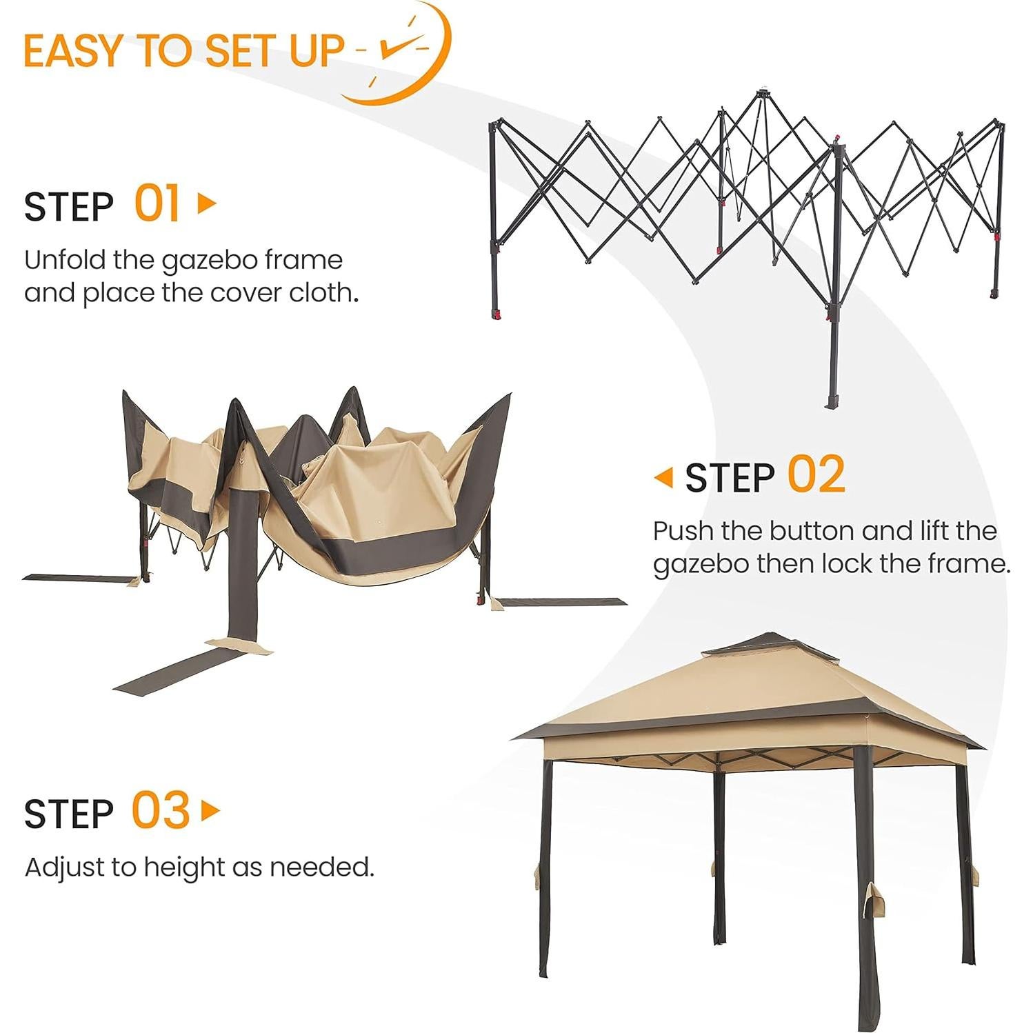 Topeakmart 11x11 Outdoor Pop Up Gazebo Double Roof Garden Patio Canopy with Netting, Sandbags, Sun Shade for for Parties, Khaki & Brown