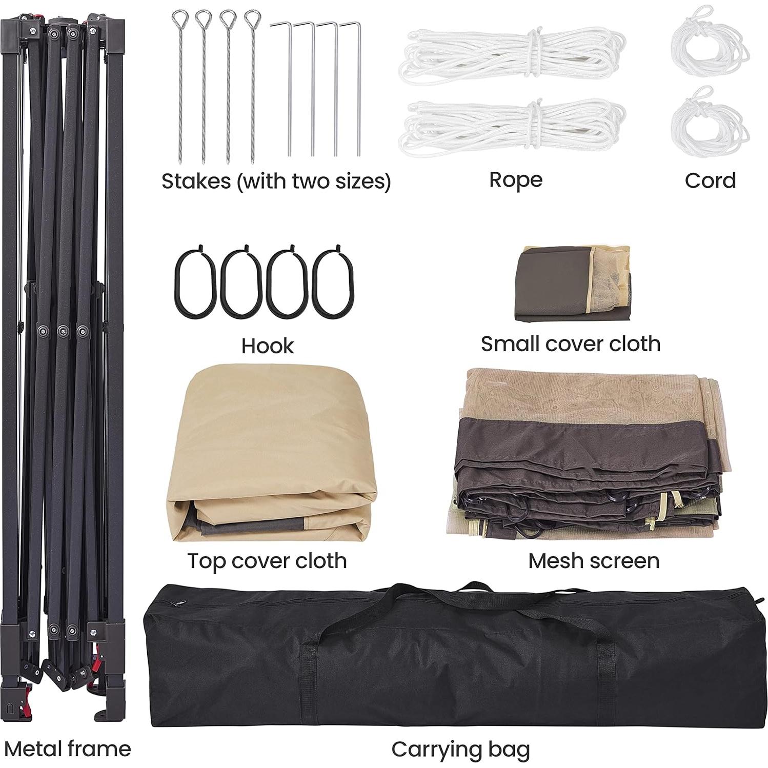 Topeakmart 11x11 Outdoor Pop Up Gazebo Double Roof Garden Patio Canopy with Netting, Sandbags, Sun Shade for for Parties, Khaki & Brown