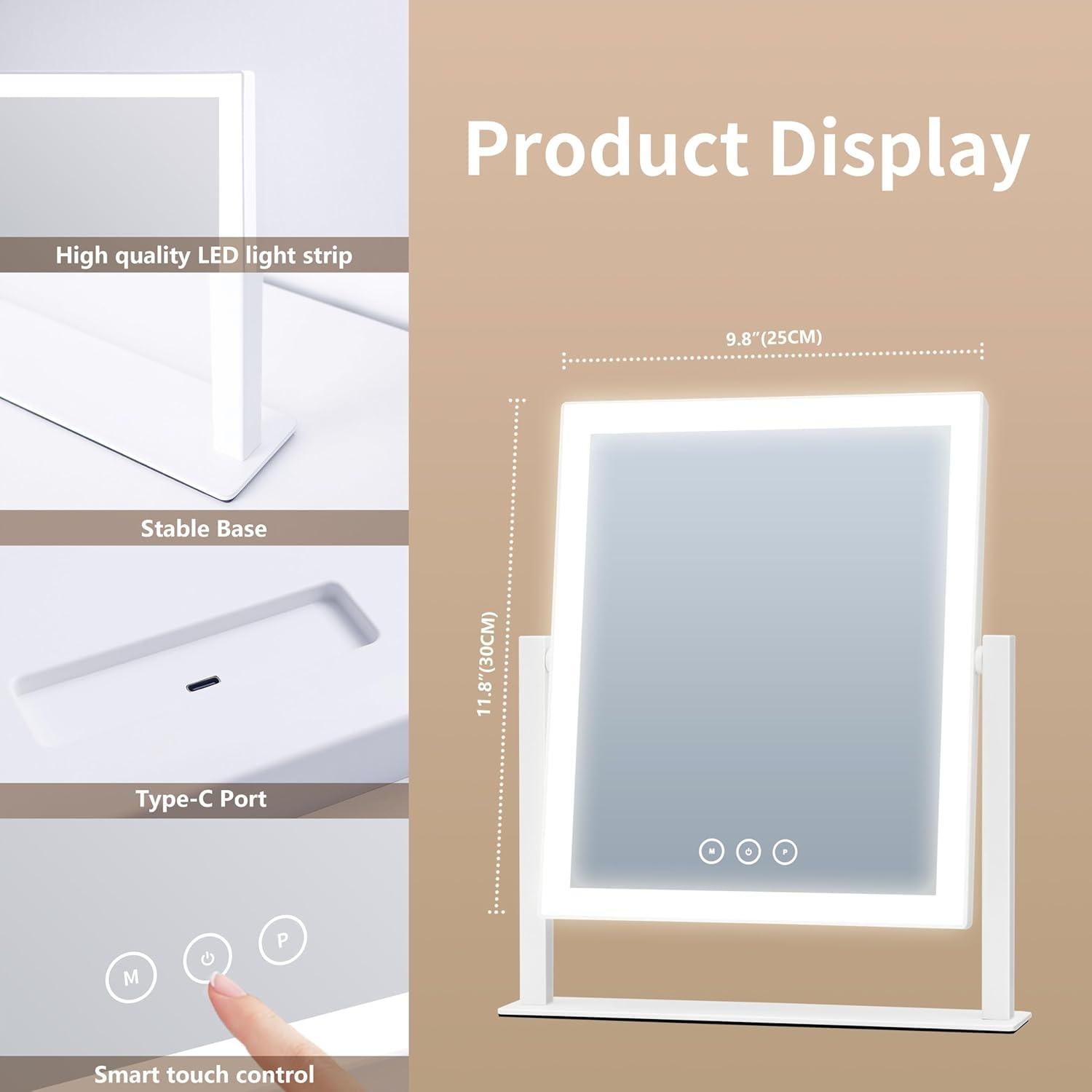 Espejo de Tocador Acoolda con Luces 3 Modos y Aumento 10X