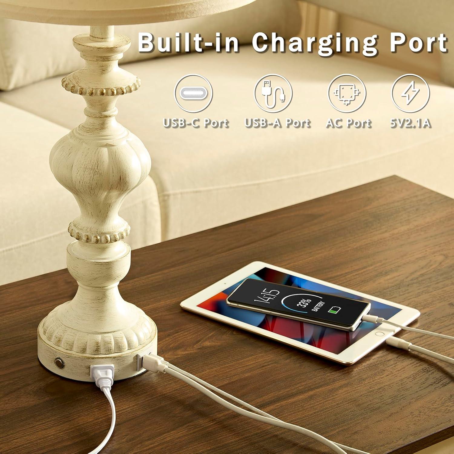 Juego de 2 Lámparas de Mesa Táctiles Regulables USB Blanco Dorado