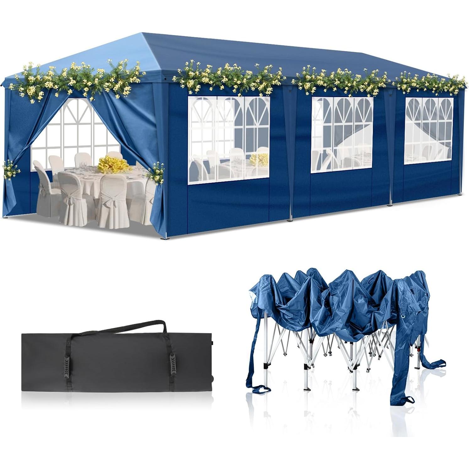 10x30ft Outdoor Pop Up Canopy, Portable Instant Canopy Tent with 8 Sidewalls, Waterproof Wedding Canopies, Large Party Tent Event Shelter Gazebo with Wheeled Carry Bag for BBQ, Birthday, Events, Blue