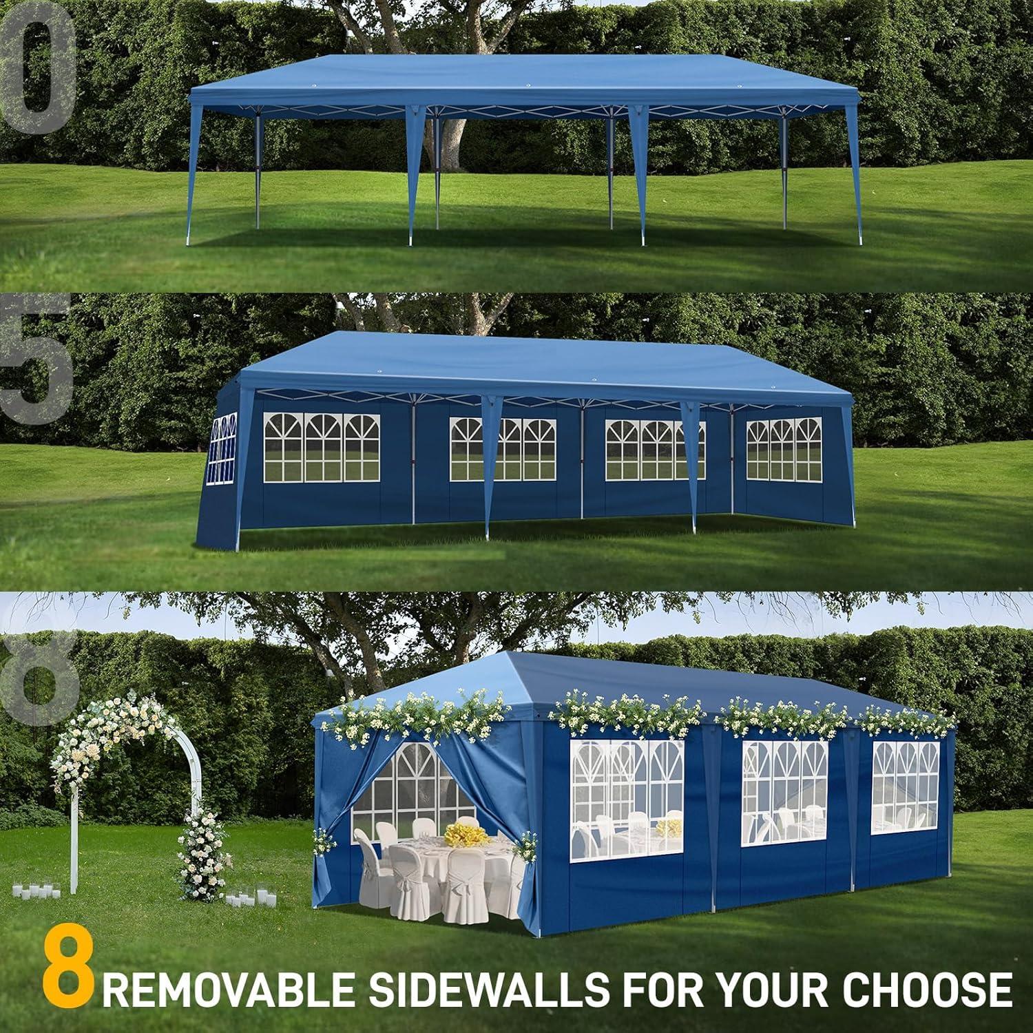 10x30ft Outdoor Pop Up Canopy, Portable Instant Canopy Tent with 8 Sidewalls, Waterproof Wedding Canopies, Large Party Tent Event Shelter Gazebo with Wheeled Carry Bag for BBQ, Birthday, Events, Blue