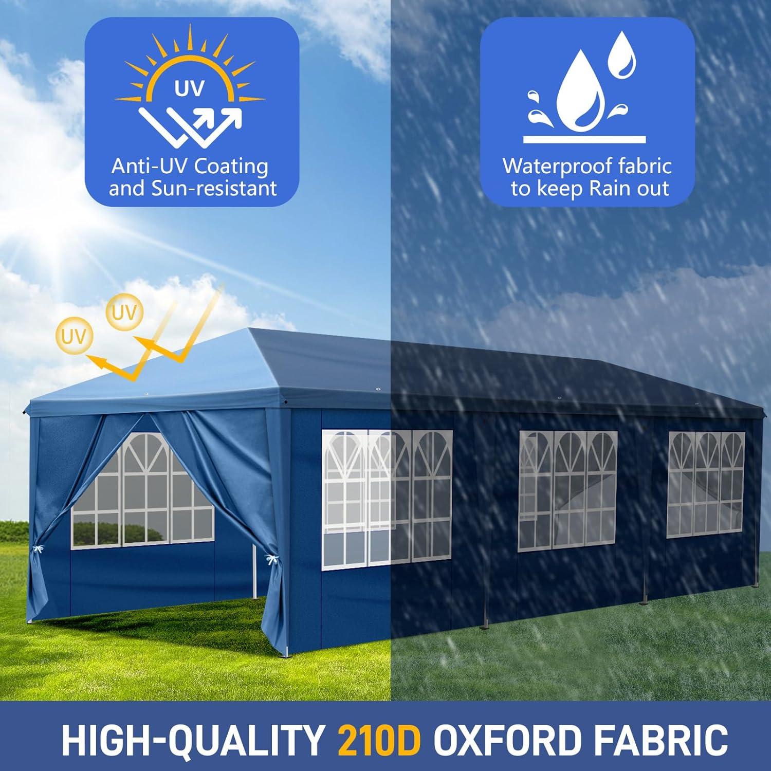 10x30ft Outdoor Pop Up Canopy, Portable Instant Canopy Tent with 8 Sidewalls, Waterproof Wedding Canopies, Large Party Tent Event Shelter Gazebo with Wheeled Carry Bag for BBQ, Birthday, Events, Blue