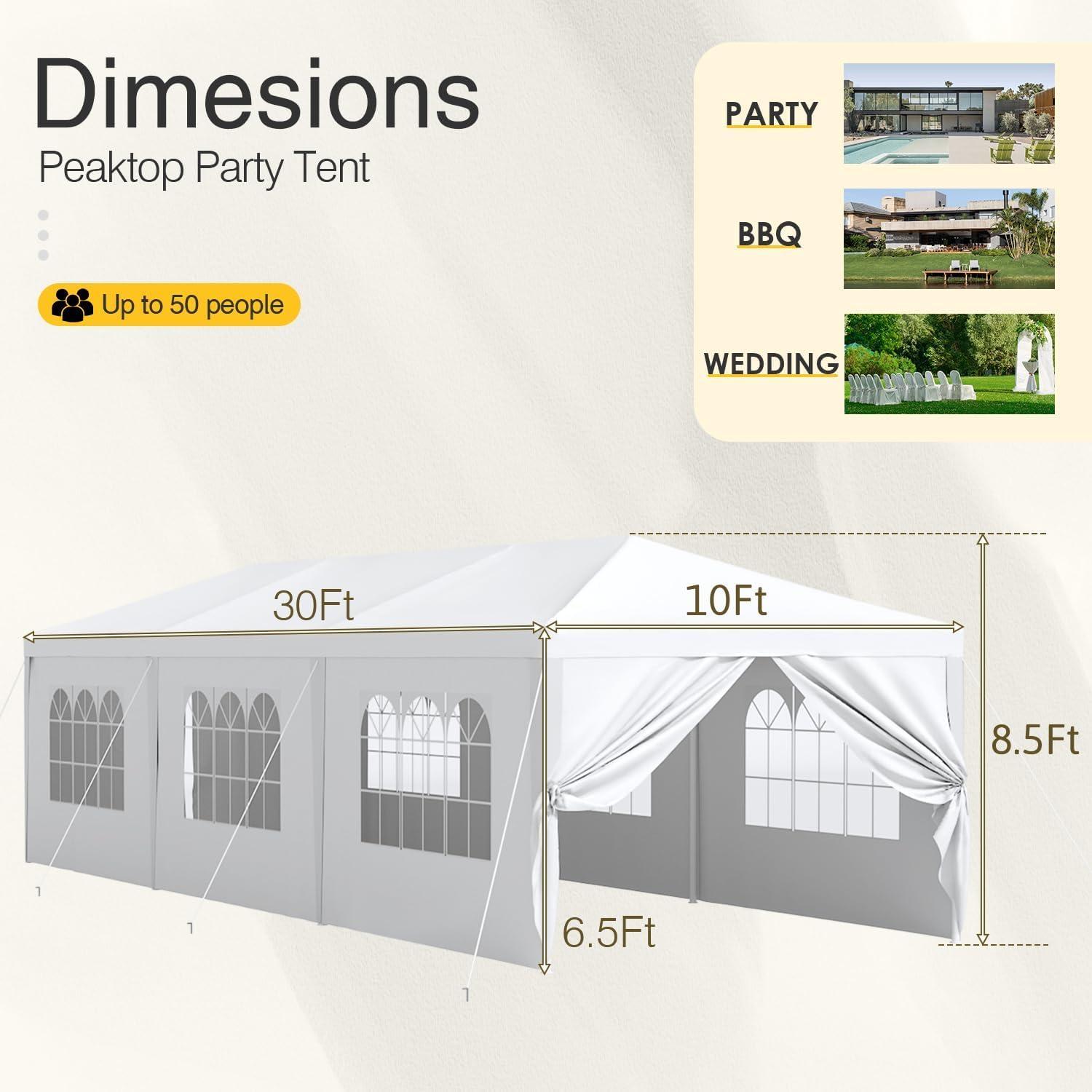 Greesum 10 x 30 Outdoor Canopy, Gazebo with 8 Removable Sidewalls, Outside Waterproof Wedding Canopies for Events, White