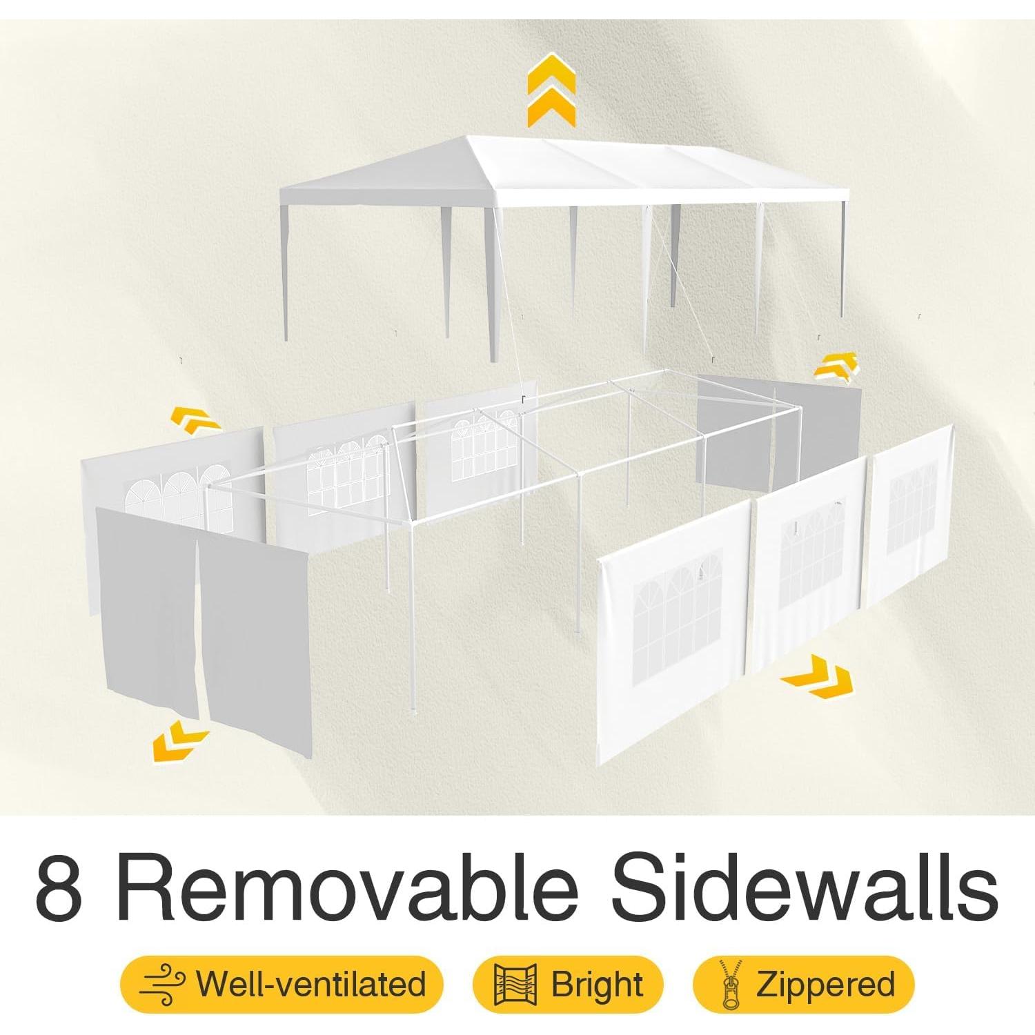 Greesum 10 x 30 Outdoor Canopy, Gazebo with 8 Removable Sidewalls, Outside Waterproof Wedding Canopies for Events, White