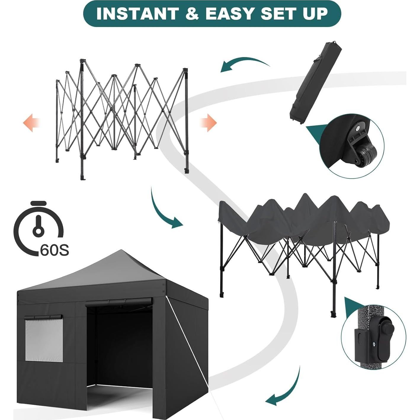 Commercial Canopy Tent with 4 Removable Sidewalls, 10x10 Pop Up Canopy Tent Heavy Duty 500D Waterproof with Roller Bag & 4 Sandbag for Outdoor/Camping/Stall/Party Event (Black)