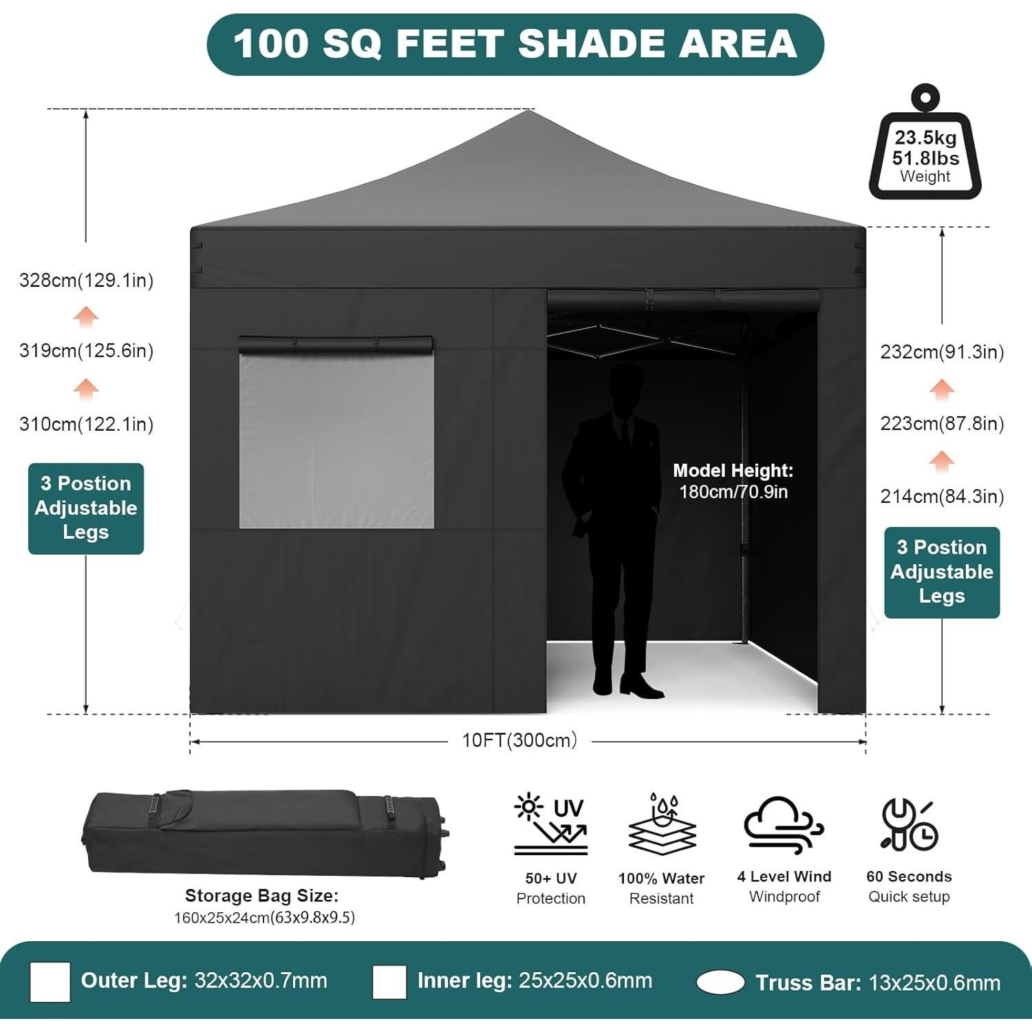 Commercial Canopy Tent with 4 Removable Sidewalls, 10x10 Pop Up Canopy Tent Heavy Duty 500D Waterproof with Roller Bag & 4 Sandbag for Outdoor/Camping/Stall/Party Event (Black)