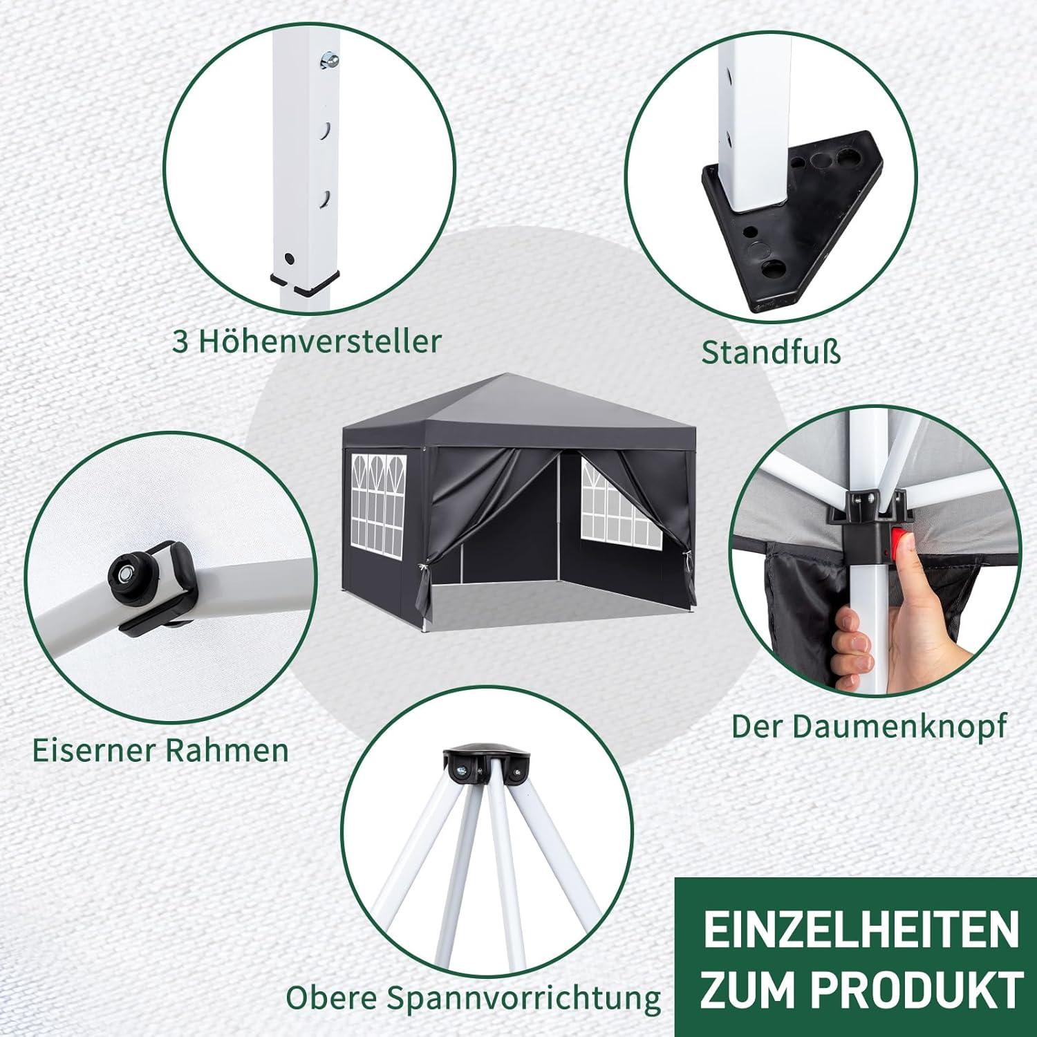 Toldo Plegable Gris Oscuro 3x3m - Gazebo Resistente UV y Agua