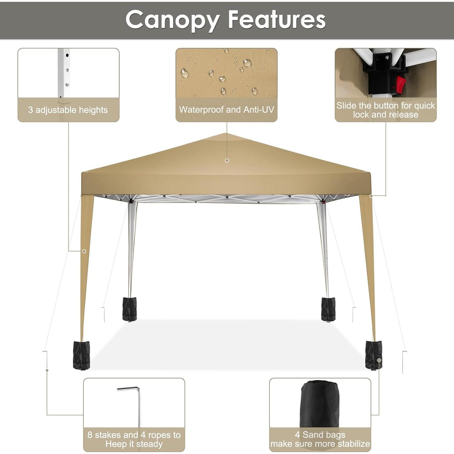 COBIZI 10x10 Pop Up Canopy Tent Waterproof Outdoor Party Tent Ez Up Canopy Tents for Parties Camping Commercial Event Gazebo Portable Tent for Backyard Wedding, Khaki
