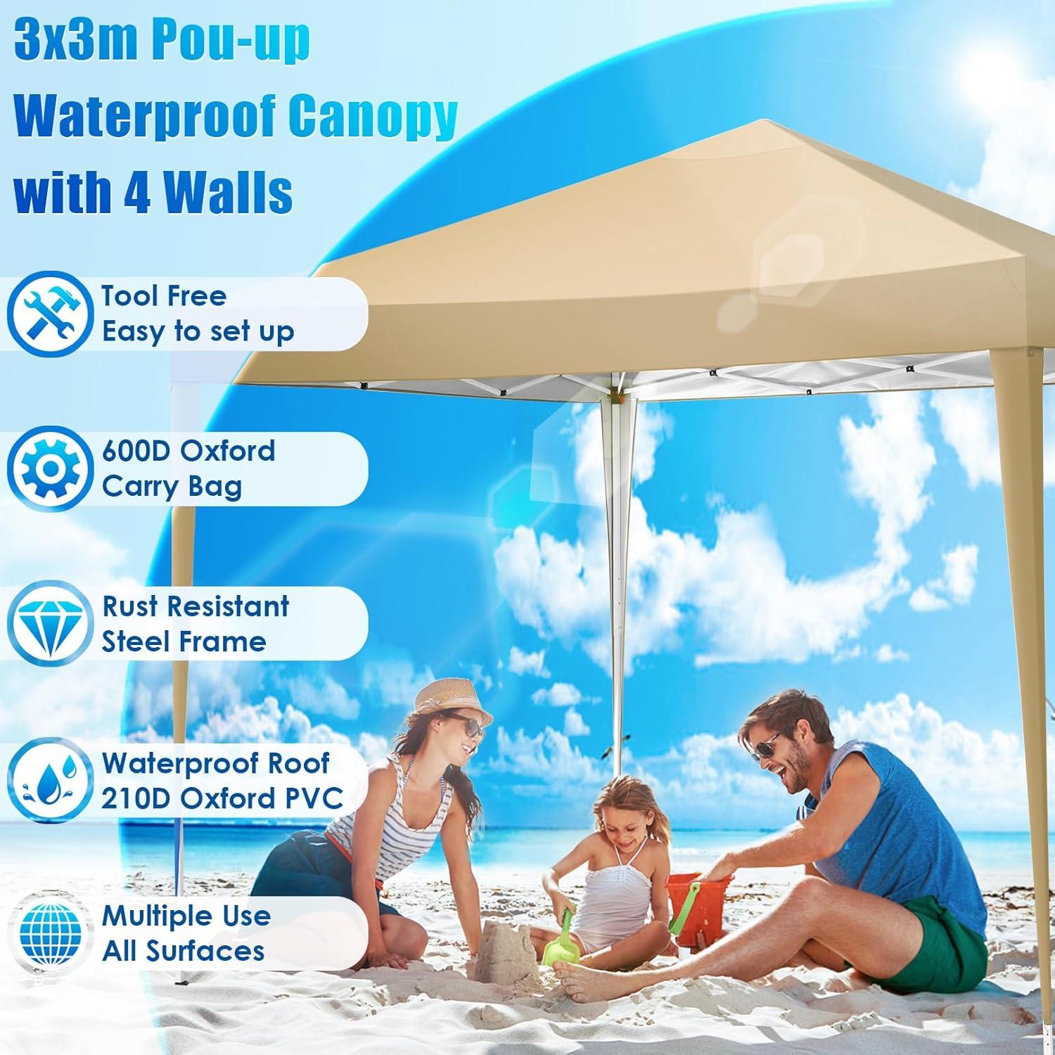 COBIZI 10x10 Pop Up Canopy Tent Waterproof Outdoor Party Tent Ez Up Canopy Tents for Parties Camping Commercial Event Gazebo Portable Tent for Backyard Wedding, Khaki