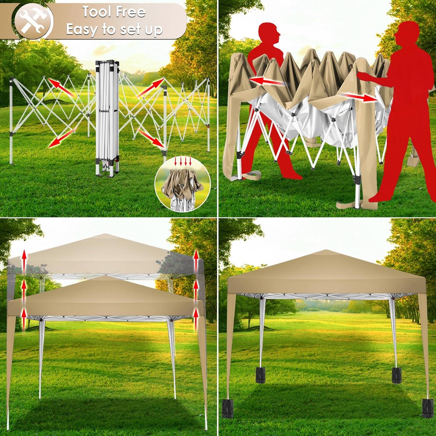 COBIZI 10x10 Pop Up Canopy Tent Waterproof Outdoor Party Tent Ez Up Canopy Tents for Parties Camping Commercial Event Gazebo Portable Tent for Backyard Wedding, Khaki